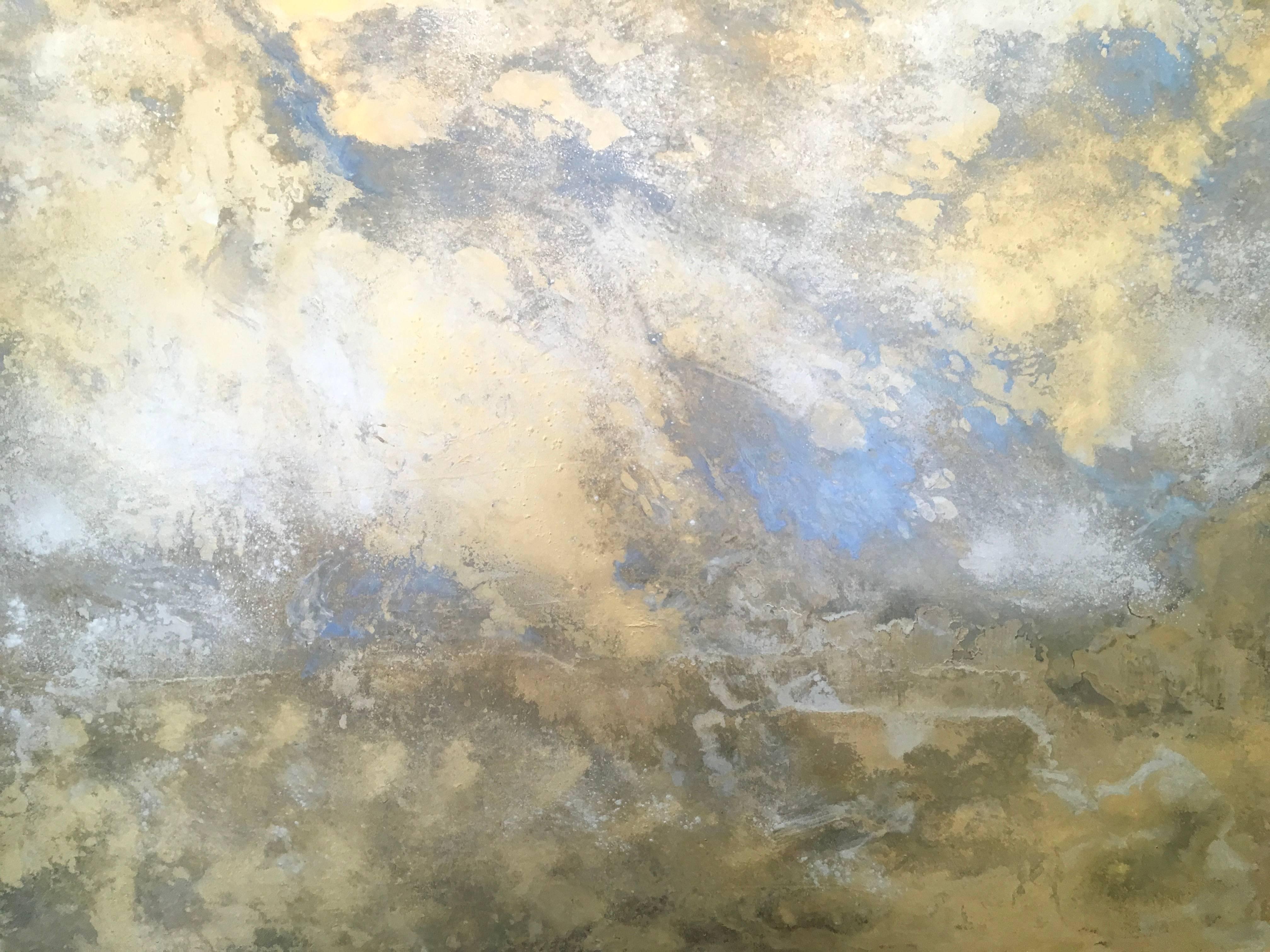 Rhosen, Cloudscape, Oil, Gold, Blue, Oil Glazes, Gold Leaf, Painting - Gray Abstract Painting by Michelle Gagliano