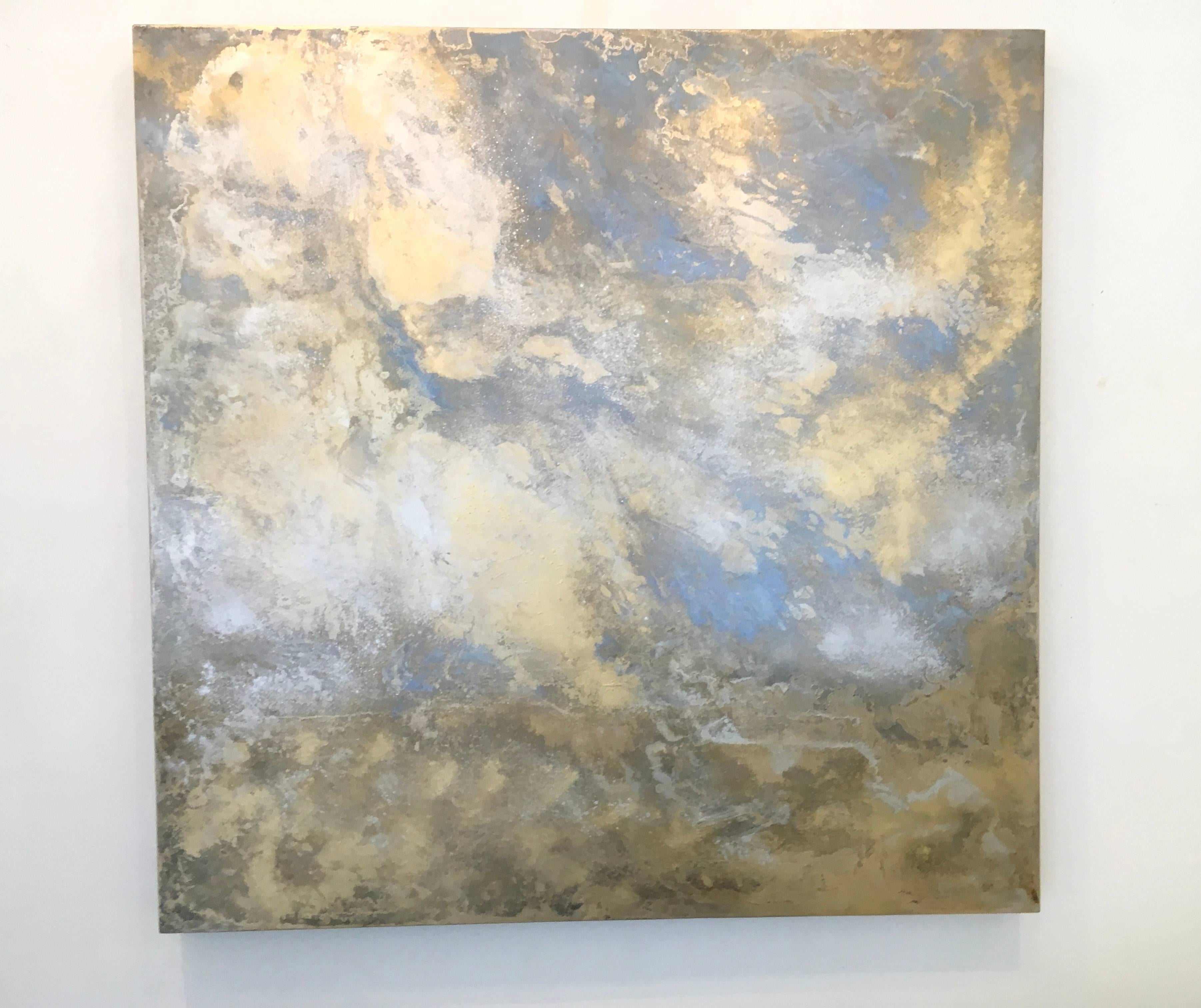 Michelle Gagliano Abstract Painting - Rhosen, Cloudscape, Oil, Gold, Blue, Oil Glazes, Gold Leaf, Painting