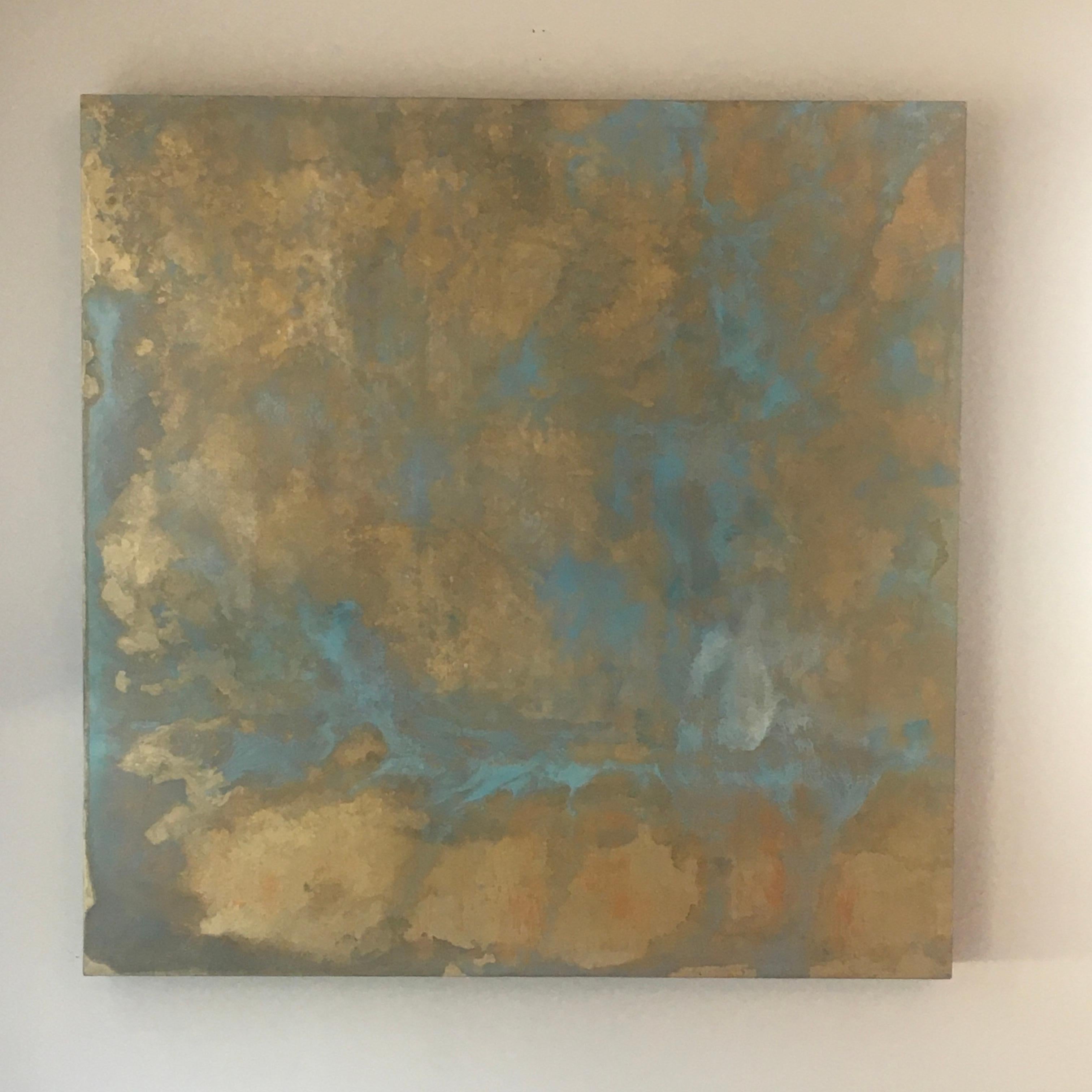 Sky Springscape, huile, or, bleu, glaçures à l'huile, feuille d'or, peinture - Painting de Michelle Gagliano