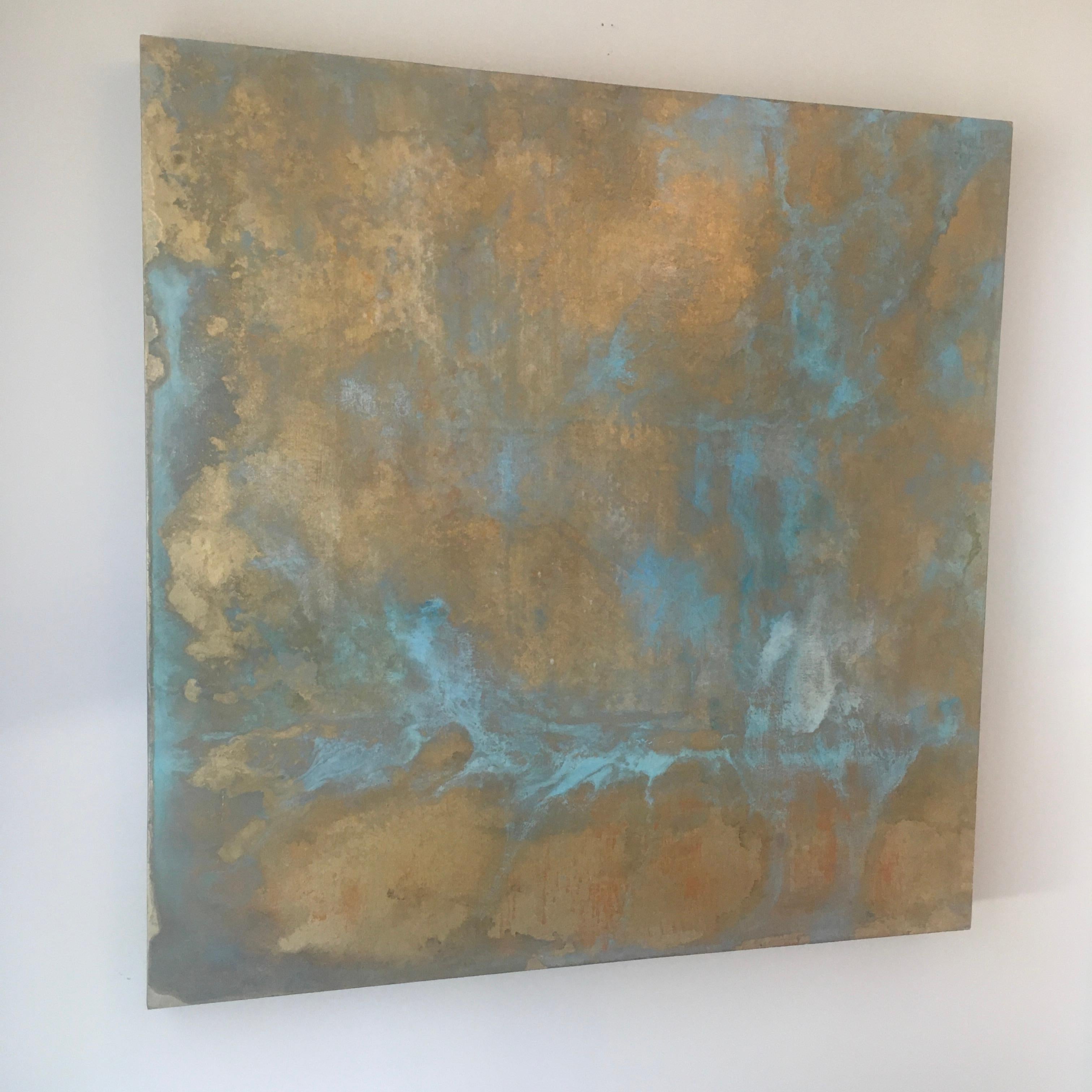 Sky Springscape, huile, or, bleu, glaçures à l'huile, feuille d'or, peinture - Contemporain Painting par Michelle Gagliano