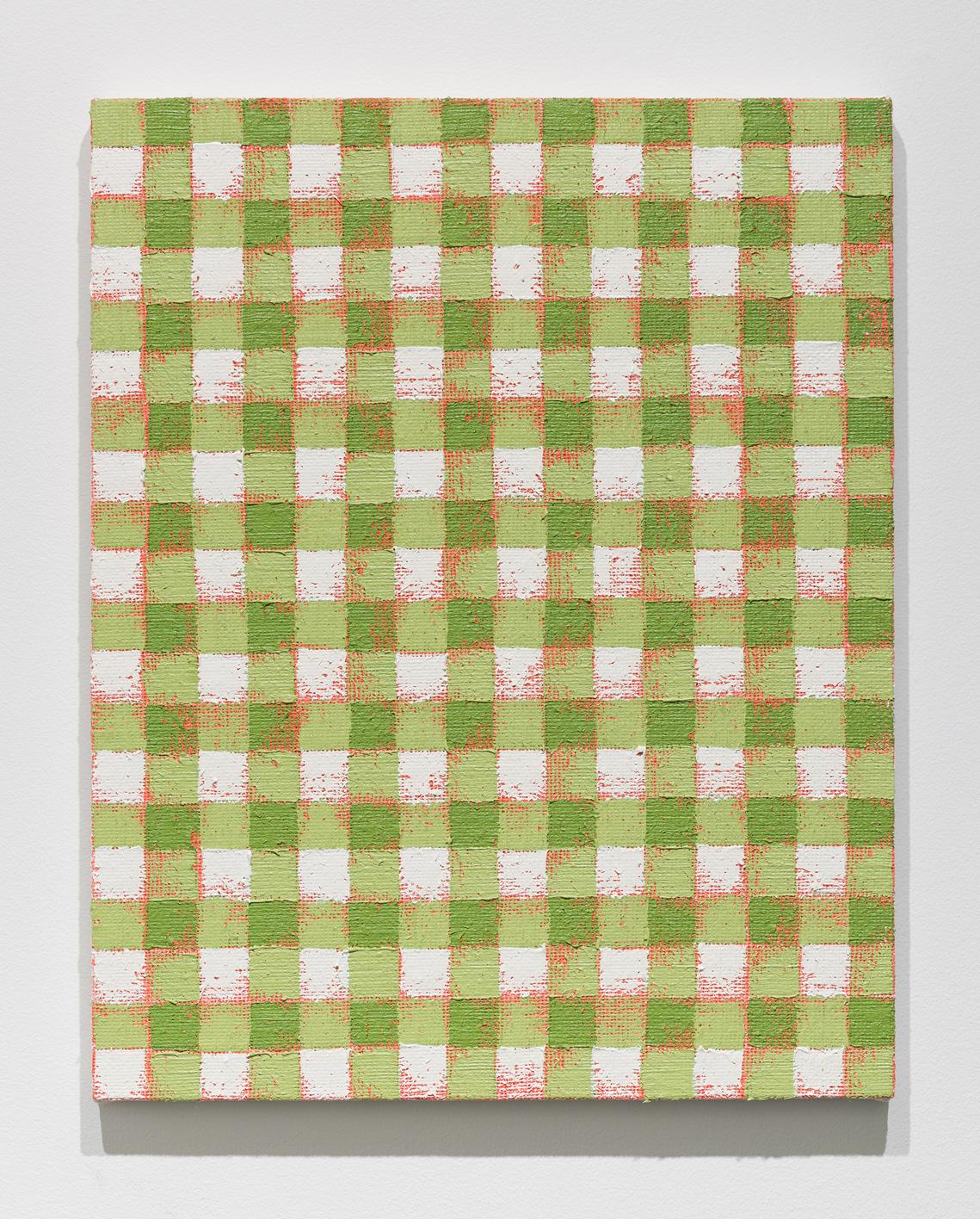 Michelle Grabner, Untitled, 2017, oil paint on burlap on cradled panel, 20 x 16 x 1 inches.

Michelle Grabner (b. 1962 in Oshkosh, Wisconsin) works in variety of mediums including drawing, painting, video and sculpture. Grabner’s multi-faceted