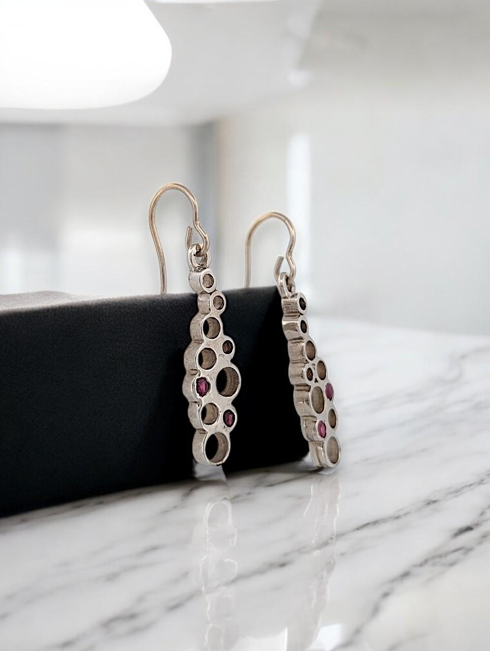 Round Cut Michelle  Handmade 14k White Gold Earrings with Natural Rubies by Barb Evans For Sale