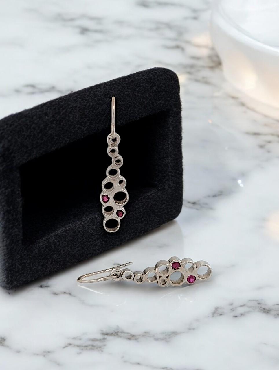 Michelle  Handmade 14k White Gold Earrings with Natural Rubies by Barb Evans In New Condition For Sale In Greeneville, TN