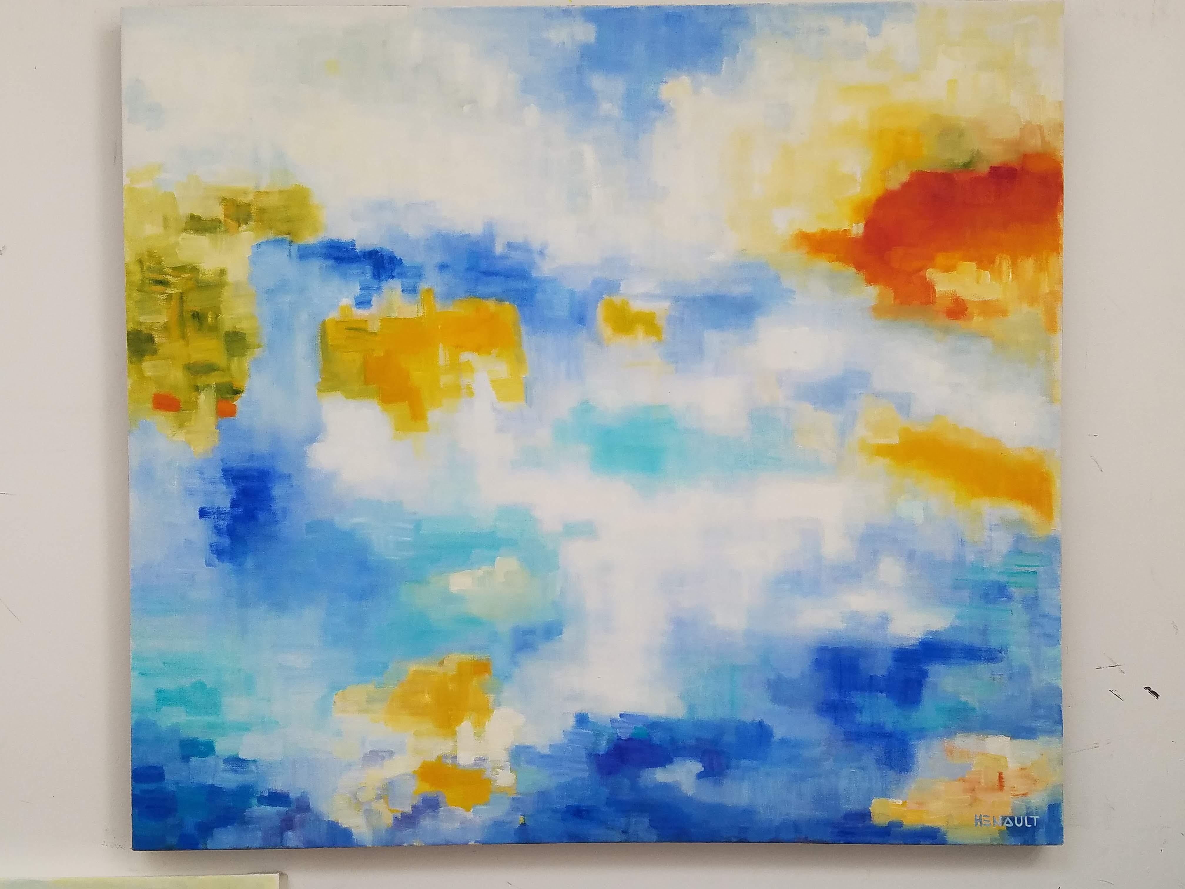 Modern abstract, oil on canvas painting; titled “Lac en Août/The Lake in August” by Michelle Hénault, a conceptual fine artist. Signed on front bottom right, also, signed, dated and titled on back; measuring approx. 36