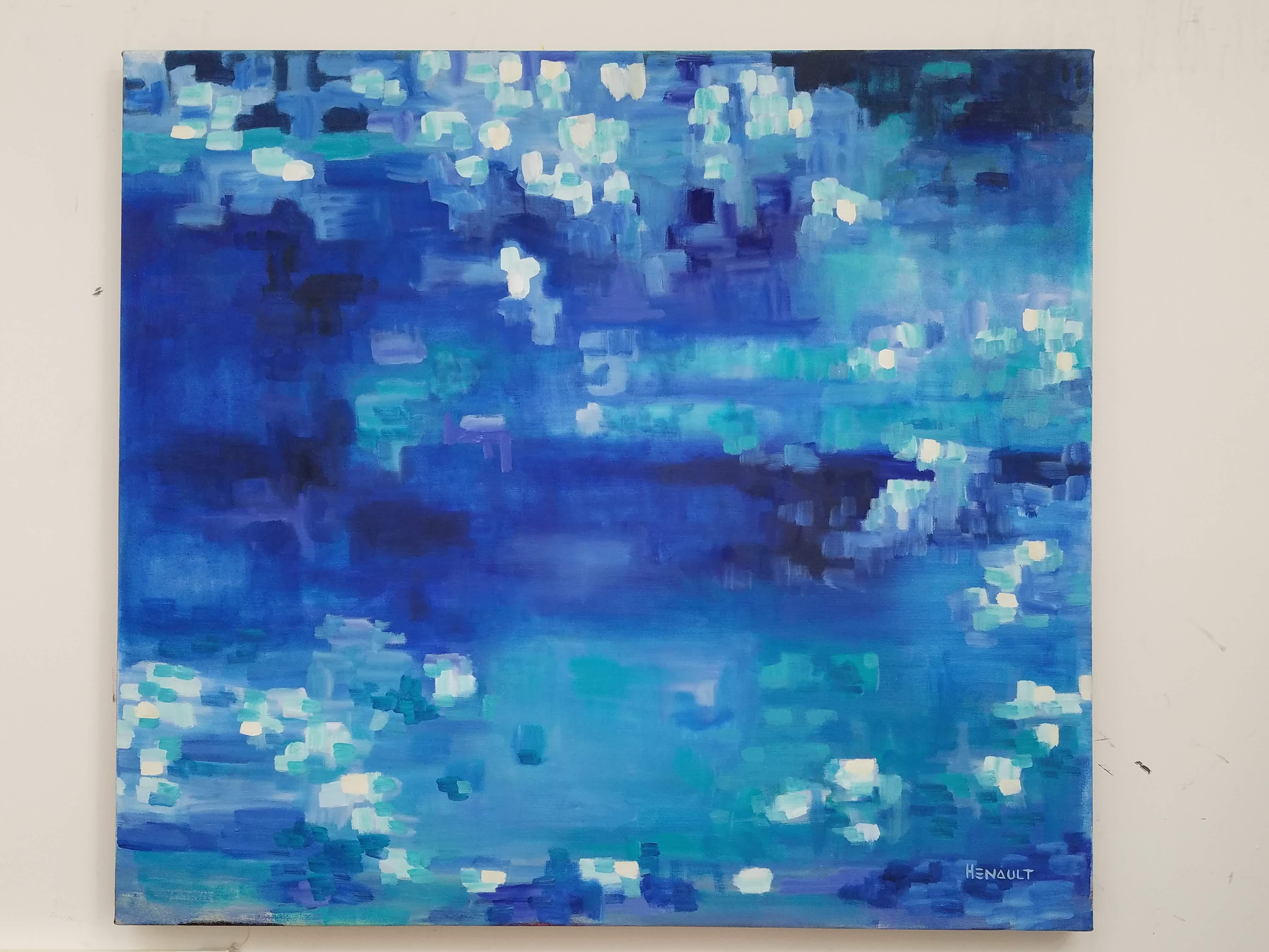 Modern abstract, oil on canvas painting; titled “Le Grand Bleu” by Michelle Hénault, a conceptual fine artist. Signed on front bottom right, also, signed, dated and titled on back; measuring approx. 36