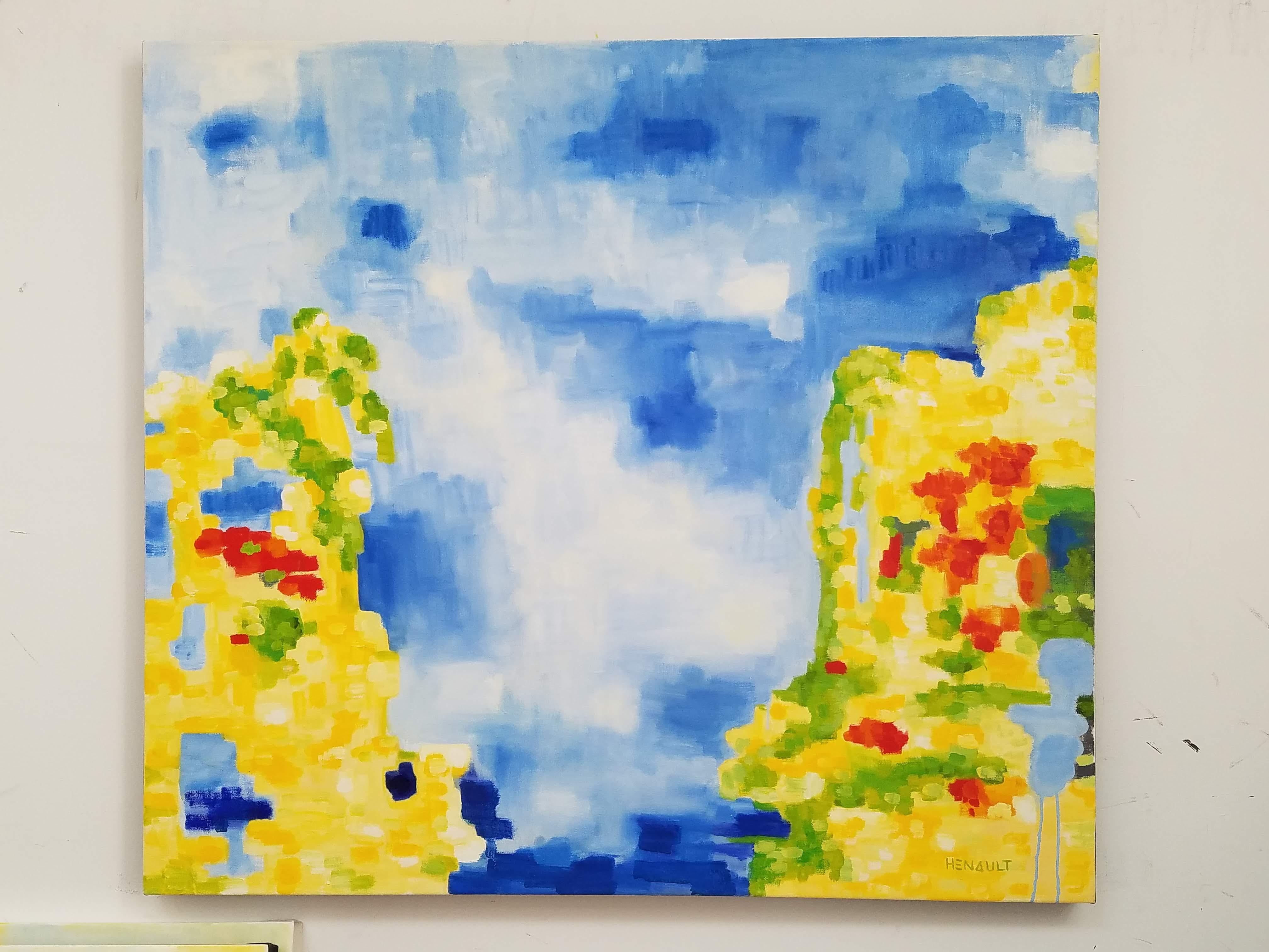 Modern abstract, oil on canvas painting, titled “Malte/Malta” by Michelle Hénault, a conceptual fine artist. Signed on front bottom right, also, signed, dated and titled on back; measuring approximate 36