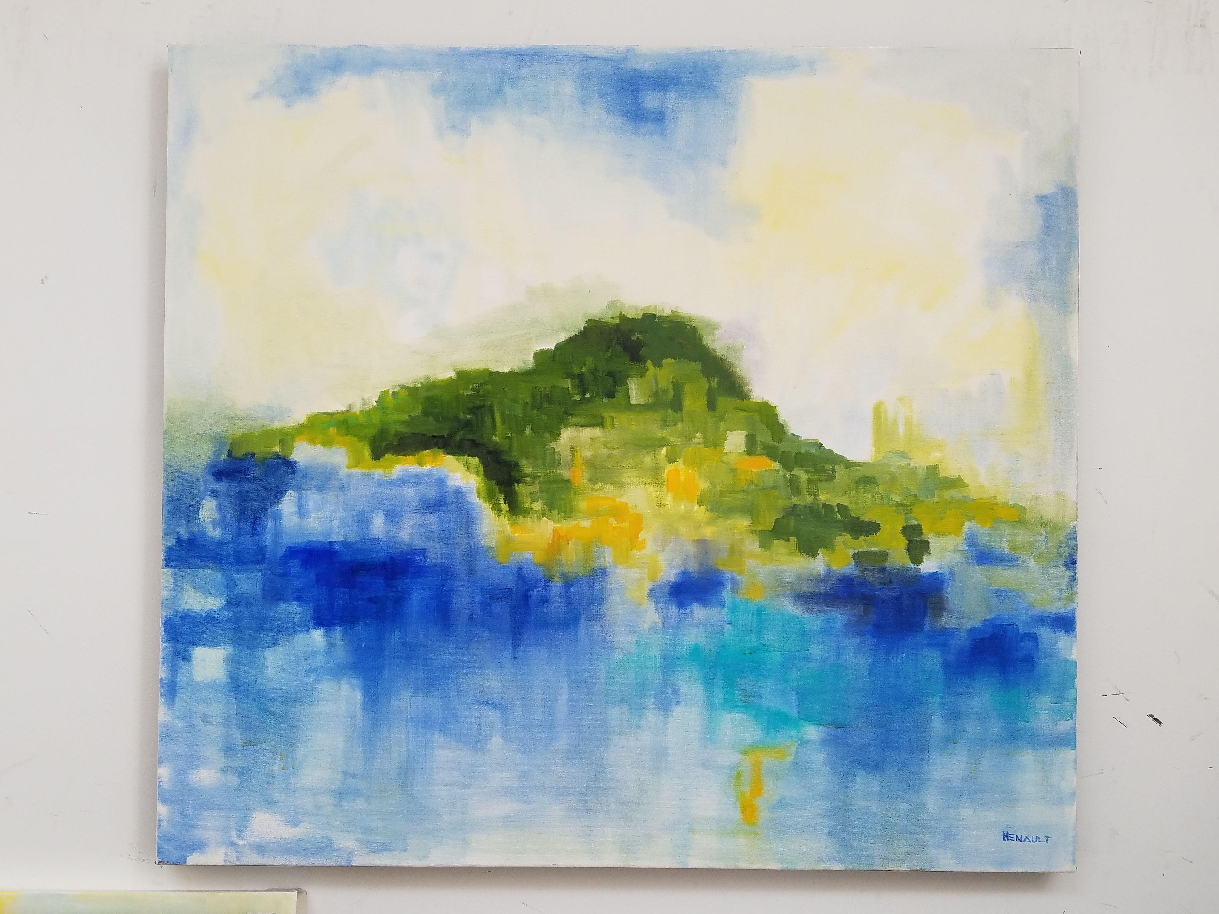 Modern abstract, oil on canvas painting, titled “Mont/The Mountain” by Michelle Hénault, a conceptual fine artist. Signed on front bottom right, also, signed, dated and titled on back; measuring approximate 36