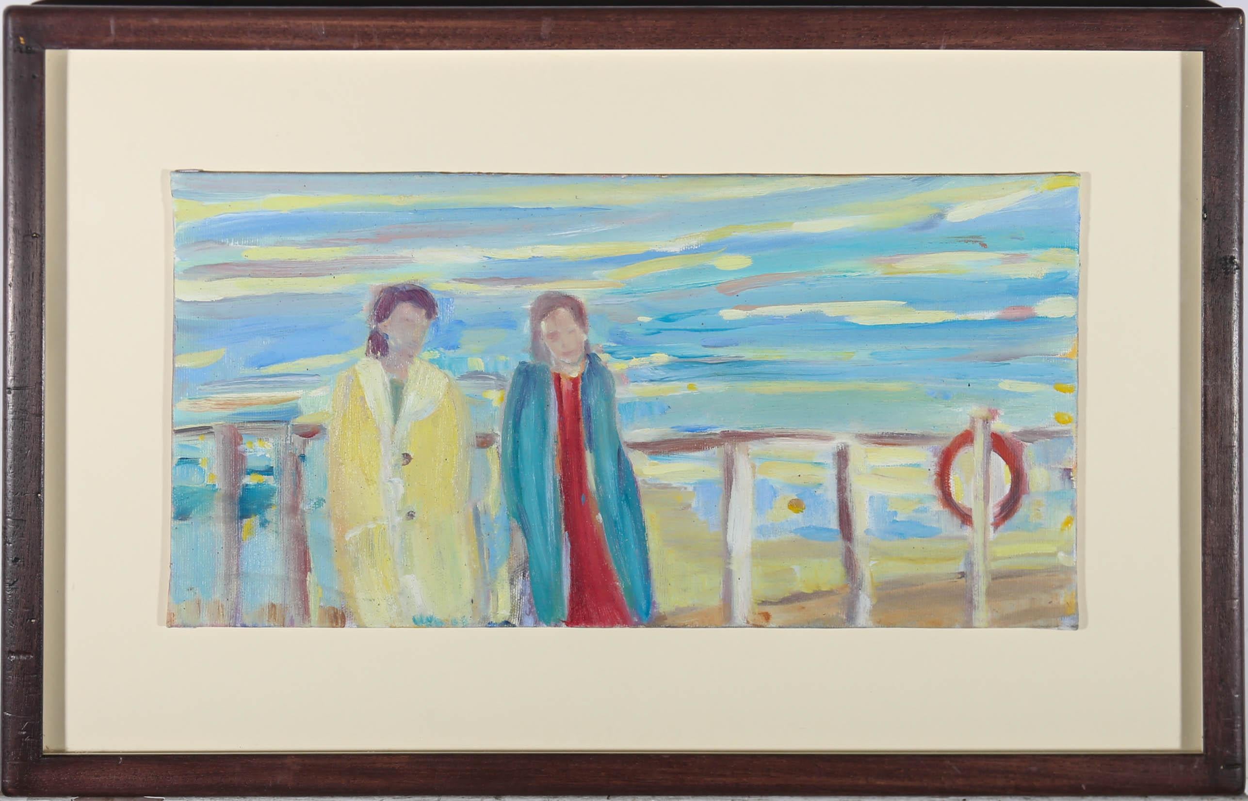 Contemporary artist Michelle Leigh has used pops of primary colour to reimagine this dynamic scene of two Blackpool Belle's. Both figures and objects just about holding there own against the horizontal blur that is Blackpool's coastline. Signed and
