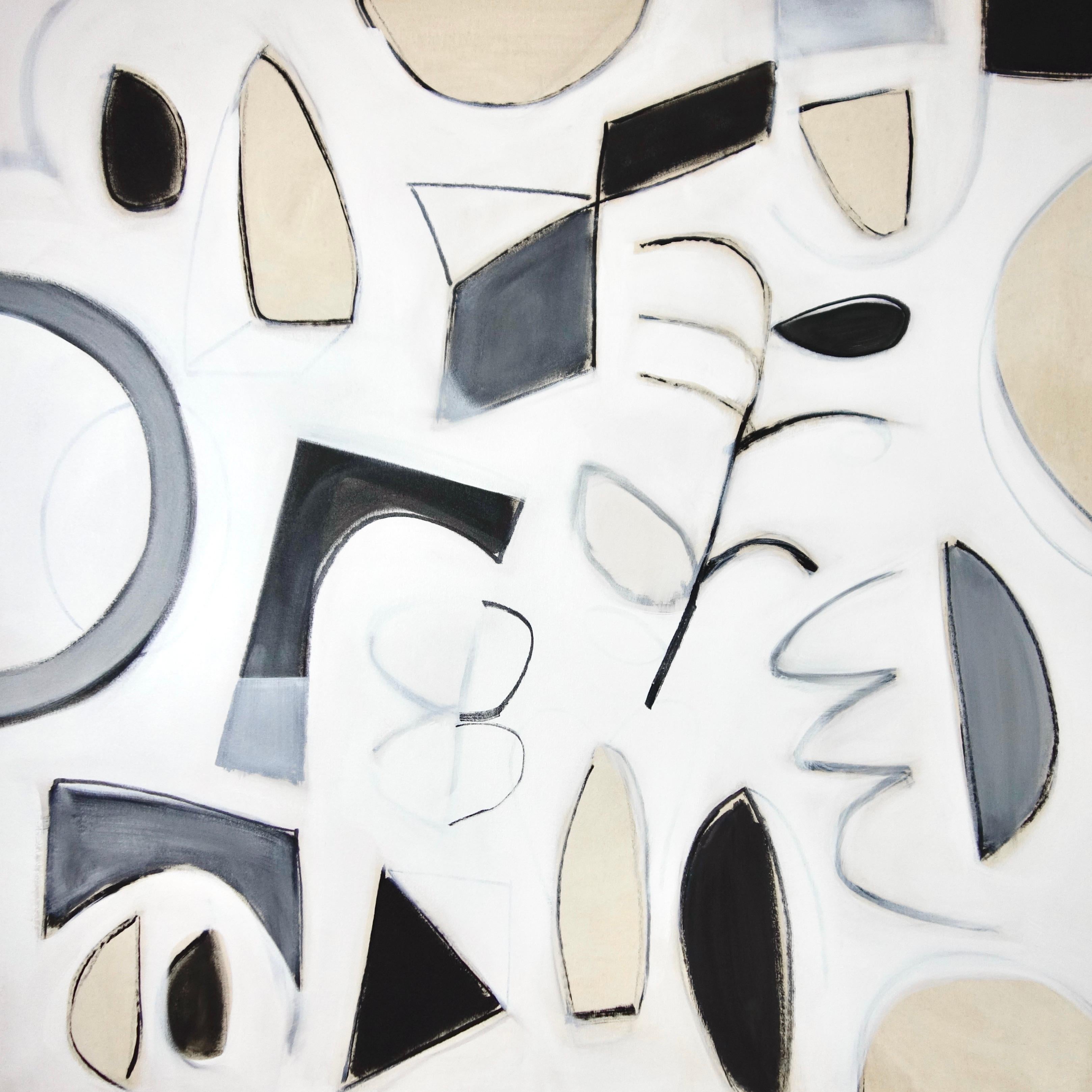 Michelle Louis Landscape Painting - "Ephemeral Shapes" : Abstract Painting -bold, white, black, gray, cream, large