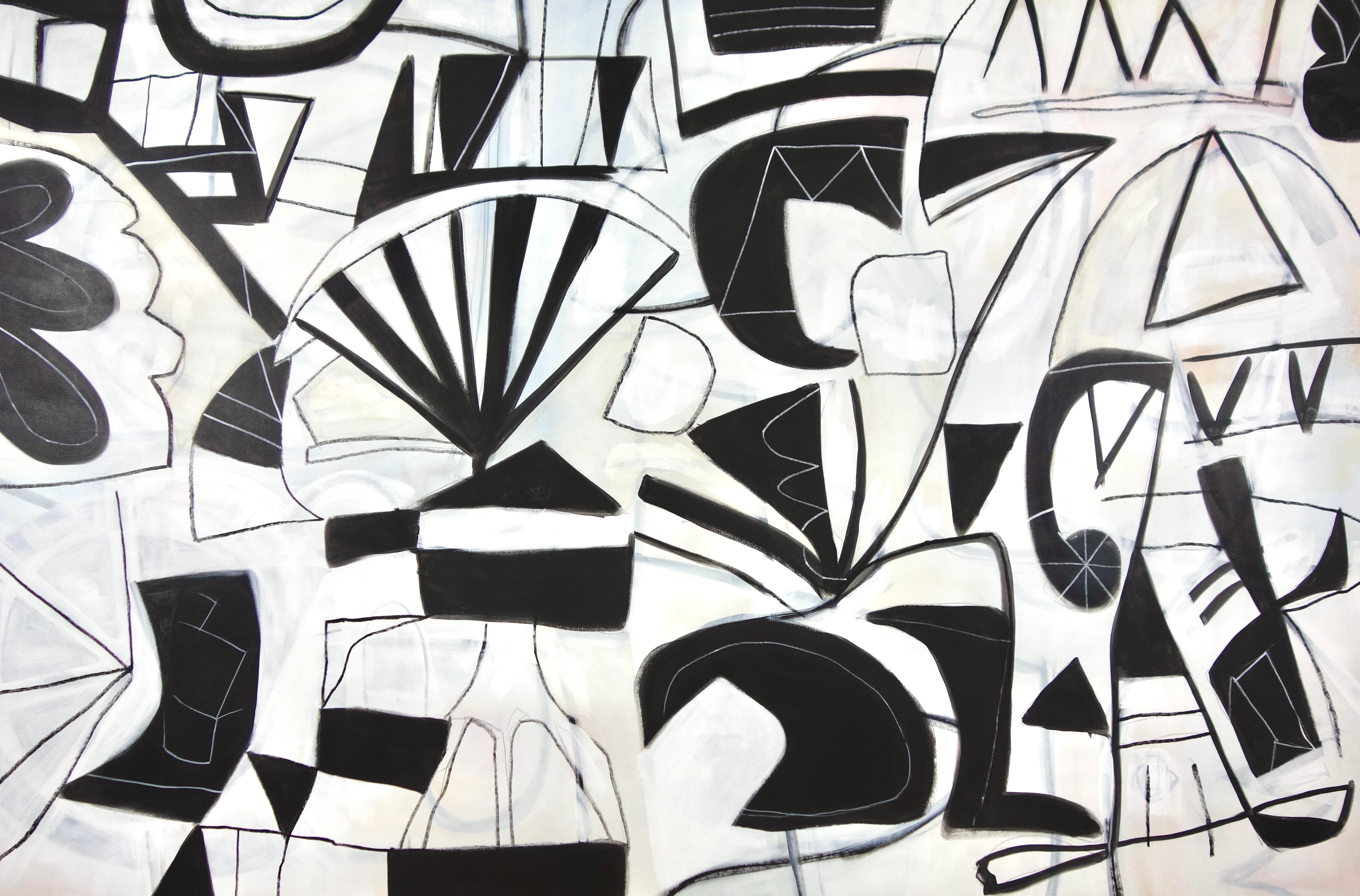 "Findings" is an exciting abstract of simple organic and geometric forms and gestural lines to create a sense of movement, depth, and flow. A contrasting palette layers black and white over pale warm ecru underpainting. It's energetic and