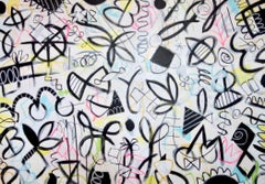 Peinture abstraite « Kinetic Energy » - audacieuse, blanche, noire, rose, jaune, moderne