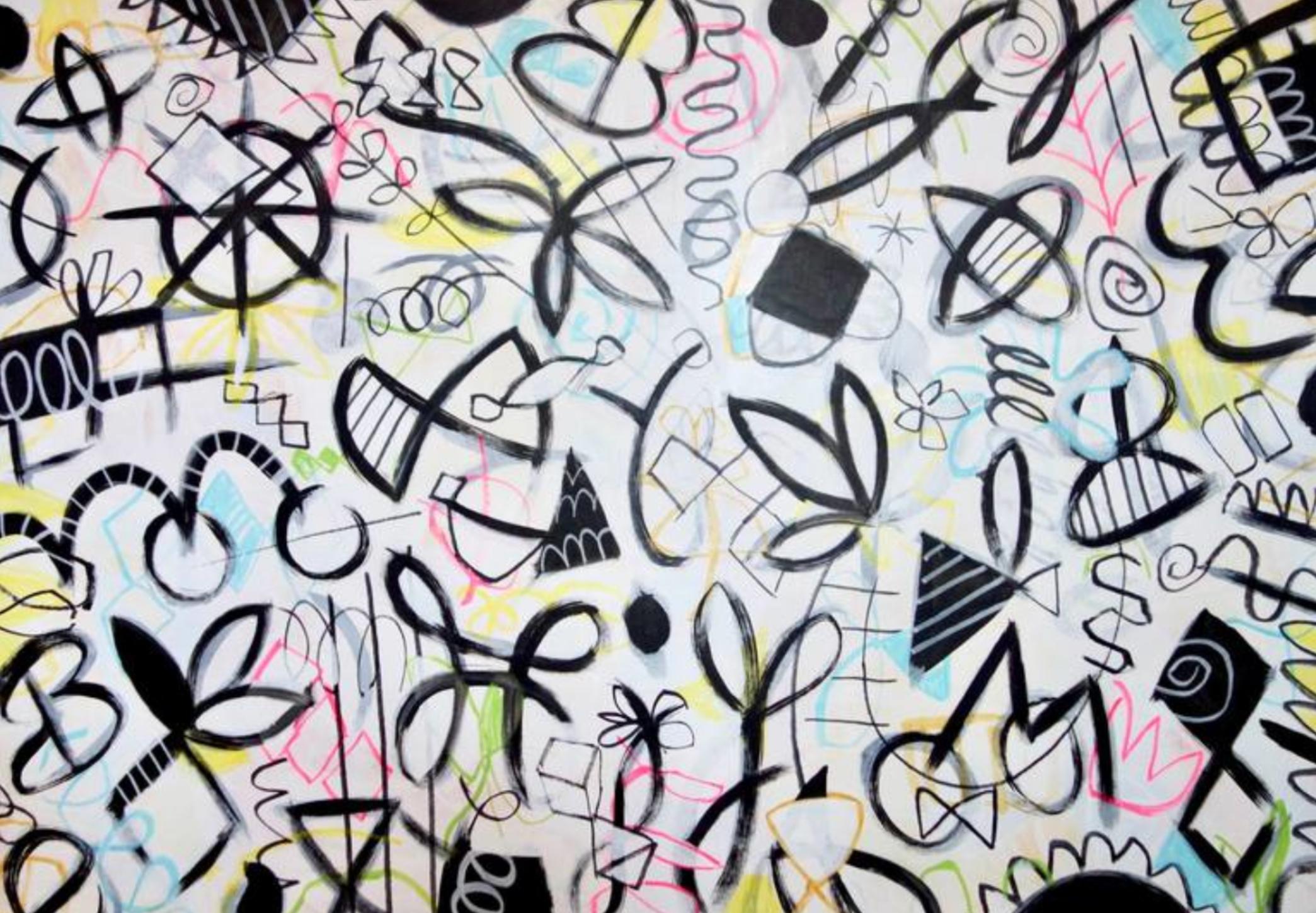 Michelle Louis Landscape Painting - "Kinetic Energy" Abstract Painting -bold, white, black, pink, yellow, modern