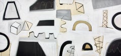 Abstraktes Gemälde „Structure“ - kühnes, weißes, schwarzes, cremefarbenes, graues, großes, goldenes