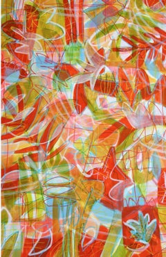 Peinture abstraite « Wild Blooms » - audacieuse, rouge, bleue, verte, élégante, jungle, feuilles