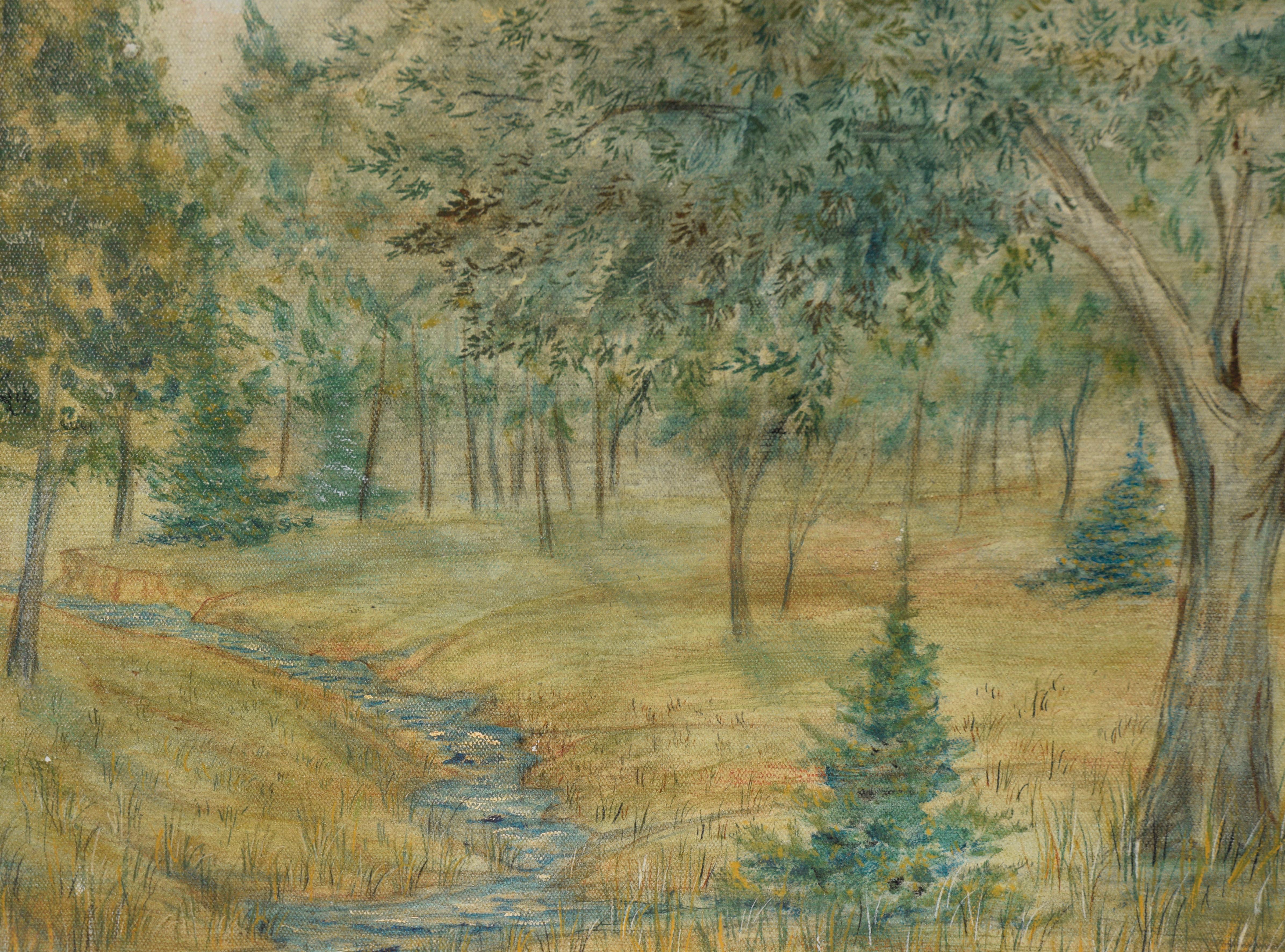 Creek Through The Trees - Oil on Canvas

Impressionist painting of a creek running through a grove of trees by Michelle Marco (American). A grove of trees surrounds a small creek that runs through the middle of the painting. Hues of yellows and