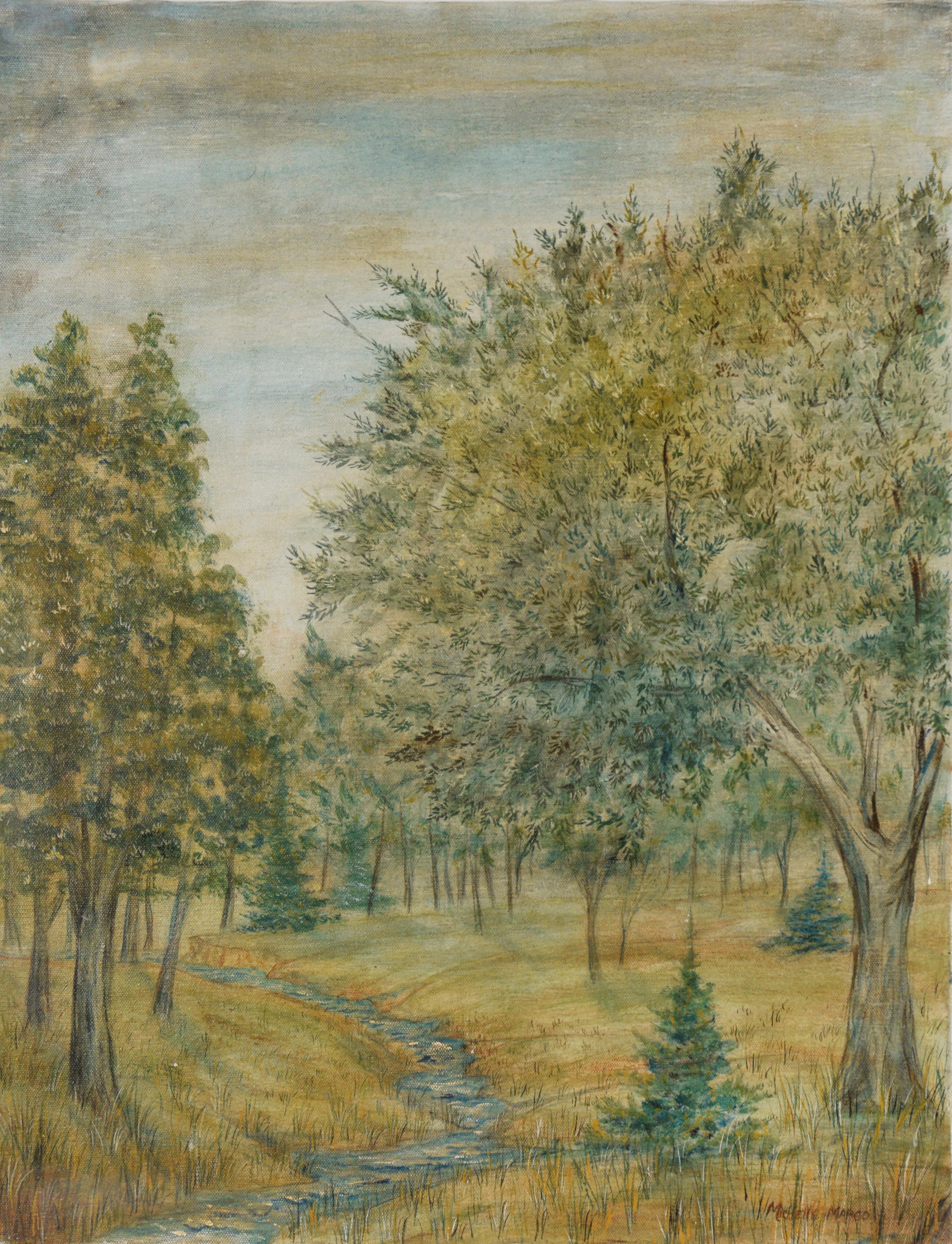 Landscape Painting di Michelle Marco - Il torrente tra gli alberi - Olio su tela