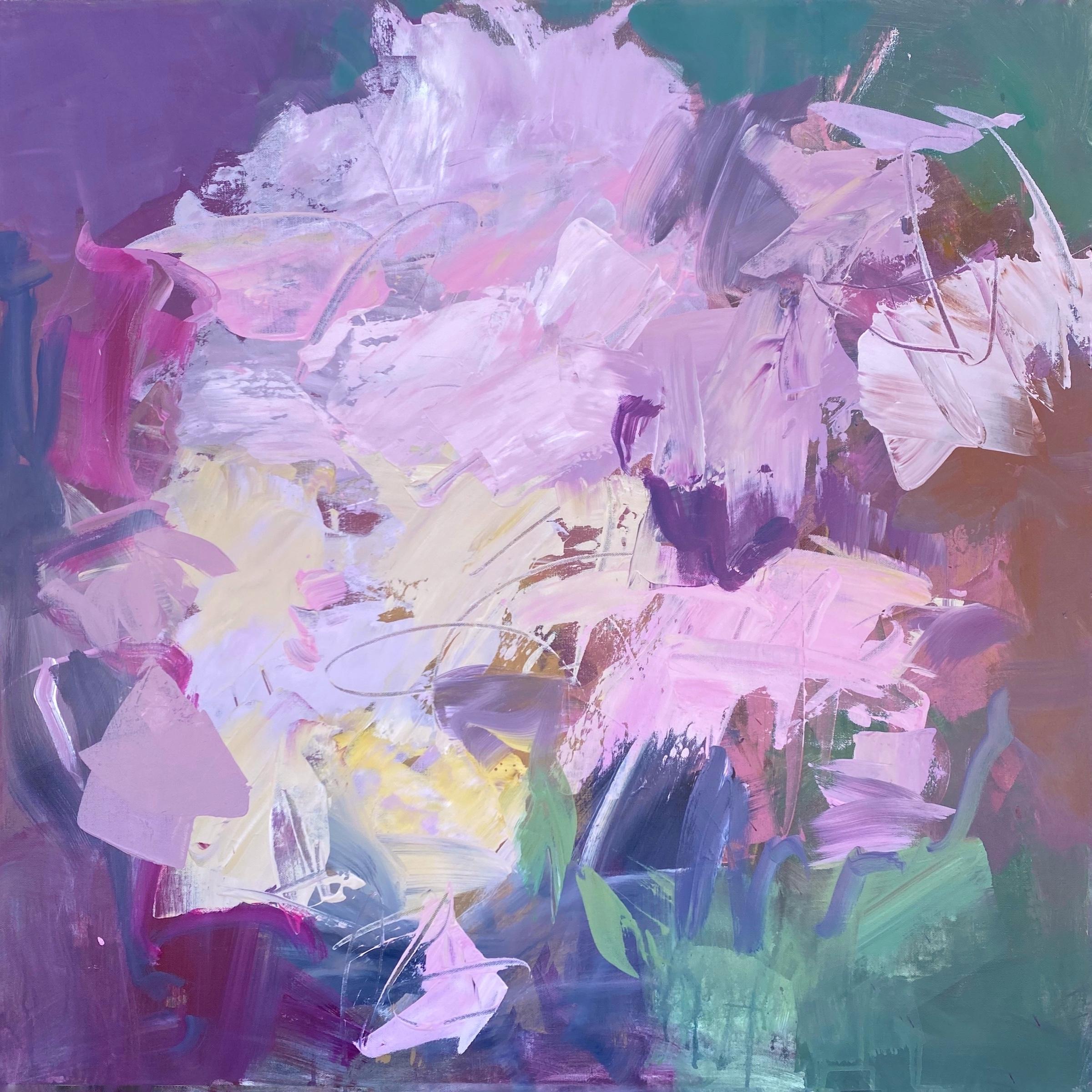 Bloom Bombe, Abstrakte Blumenkunst, leuchtendes lila abstraktes Gemälde, Expressionismus  (Violett), Abstract Painting, von Michelle Marra