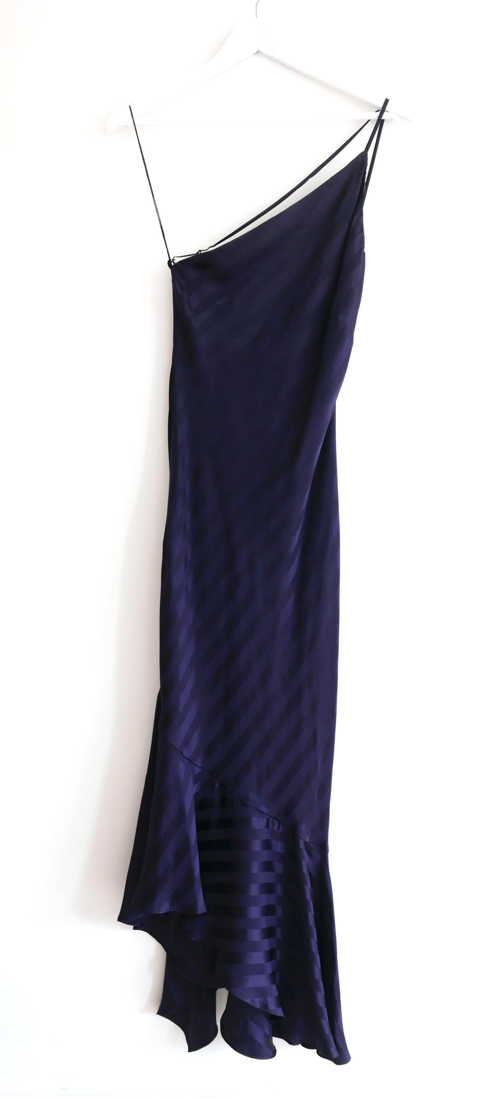 Super slinky Michelle Mason navy silk shadow stripe dress - bought for £525 and unworn. Made from superbly soft self striped jacquard silk, it has a super flattering bias cut with sharp single shoulder strap and smooth softly ruffled asymmetric