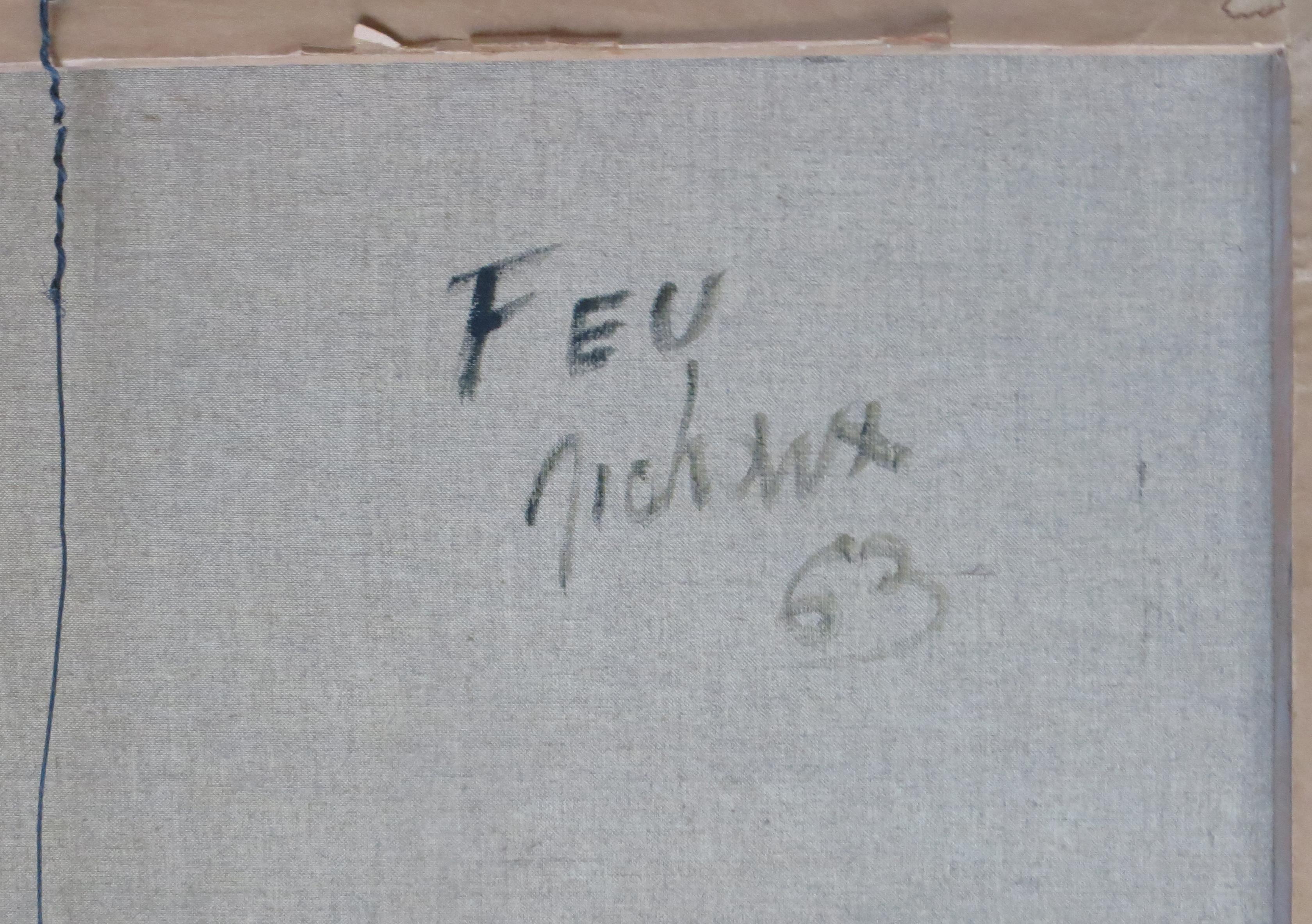 Artist: Michelle Michaux – French (1927-)
Title: Feu (Fire)
Year: 1963
Medium: Oil on linen
Sight size: 23 x 31.5 inches. 
Framed size: 24.5 x 33 inches 
Signature: Signed, upper right, reverse
Condition: Very good 
Frame: Framed in original frame.