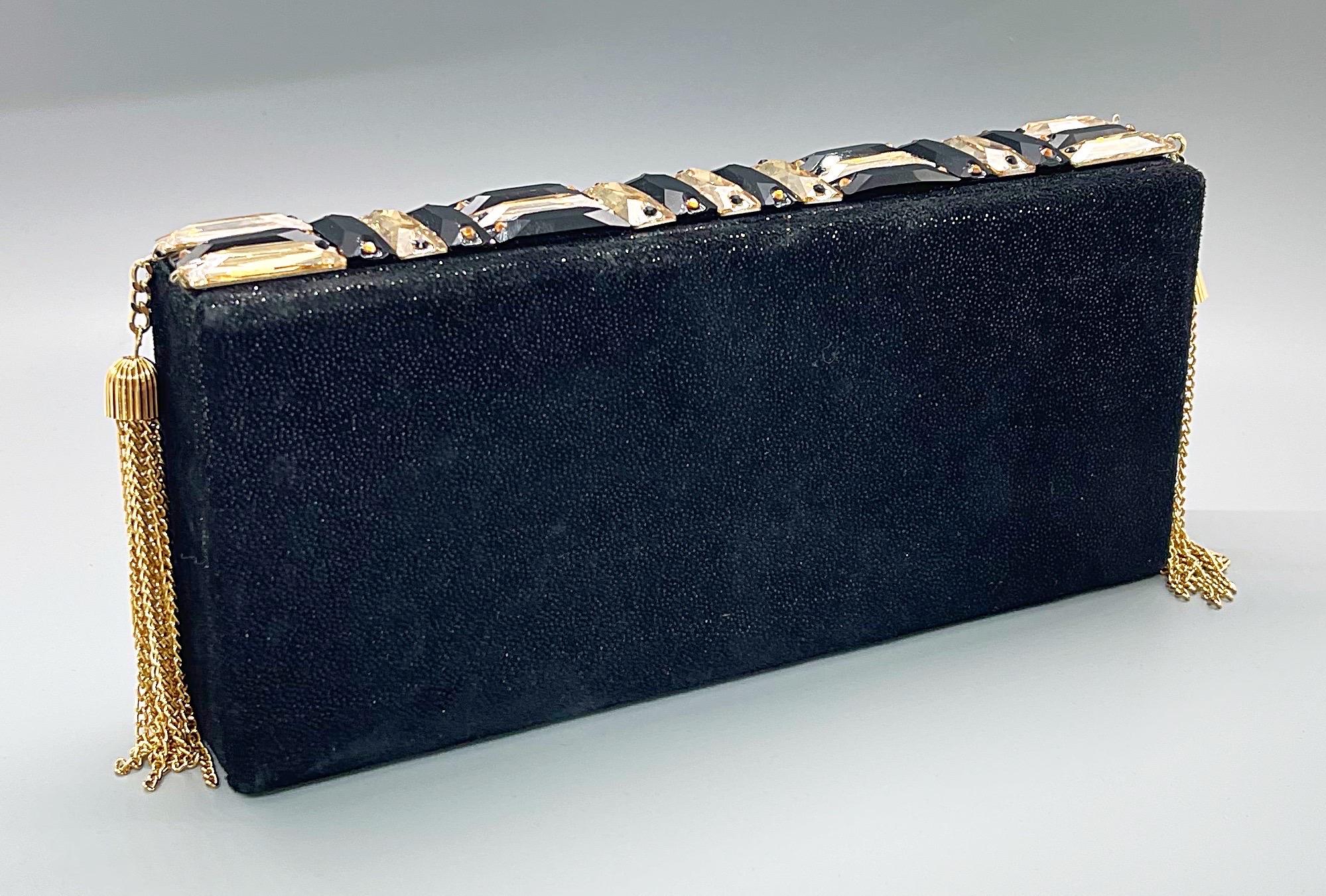 Michelle Monroe Stingray Embossed Black + Gold Jeweled Tassel Clutch Minaudière For Sale 7