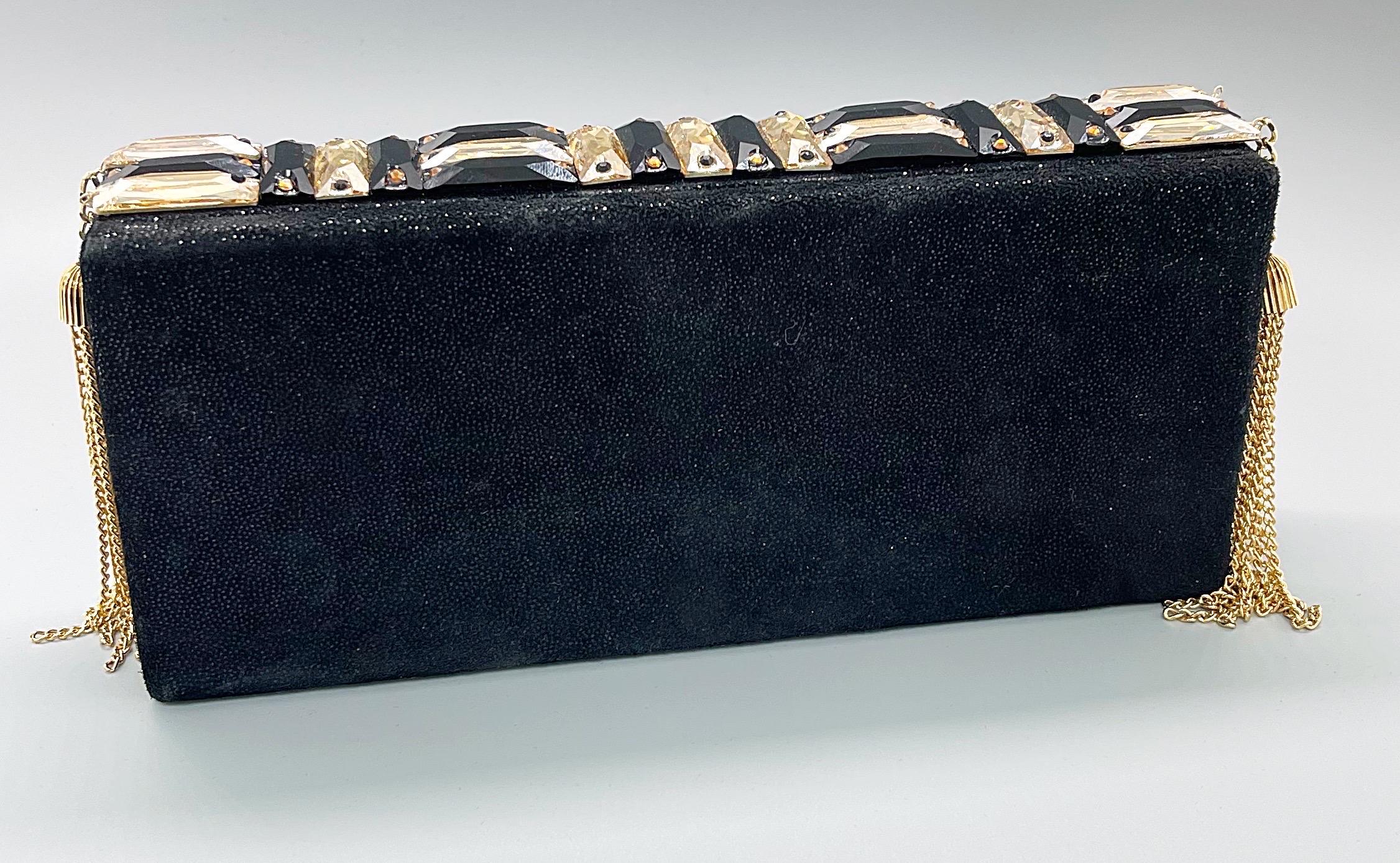Michelle Monroe Stingray Embossed Black + Gold Jeweled Tassel Clutch Minaudière For Sale 8