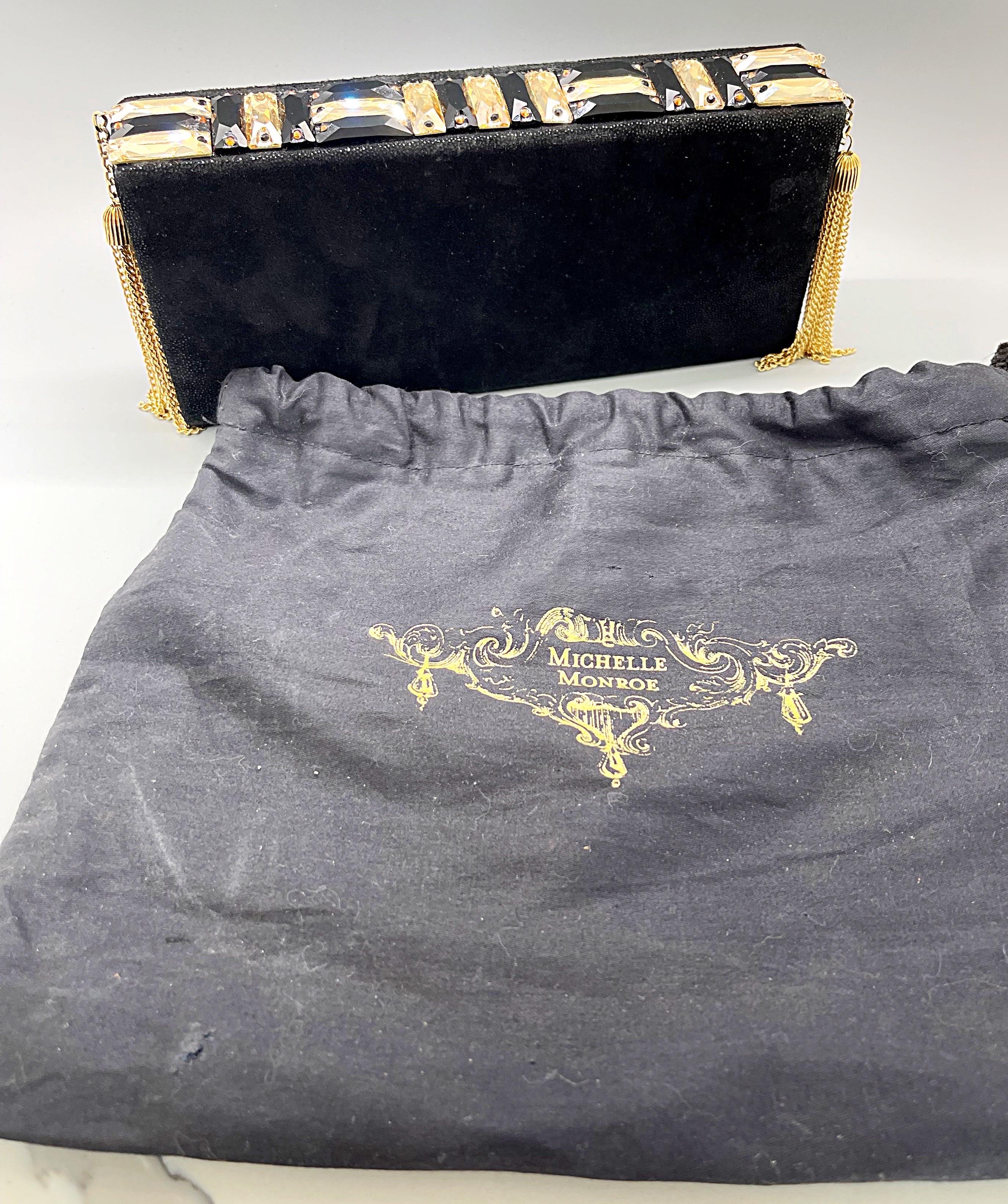 Women's Michelle Monroe Stingray Embossed Black + Gold Jeweled Tassel Clutch Minaudière For Sale