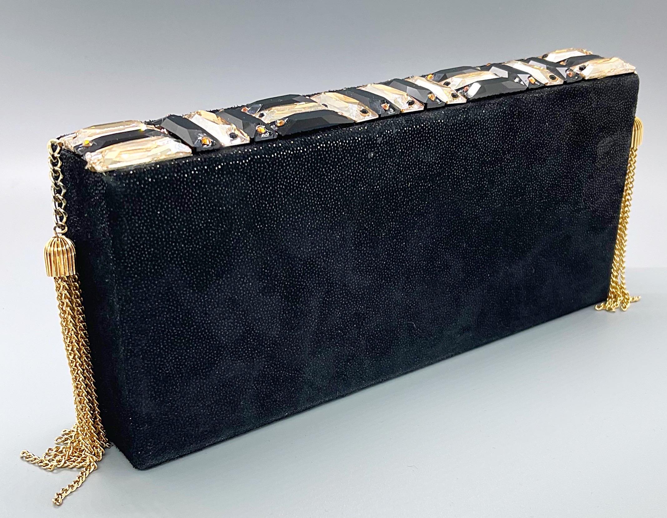 Michelle Monroe Stingray Embossed Black + Gold Jeweled Tassel Clutch Minaudière For Sale 1