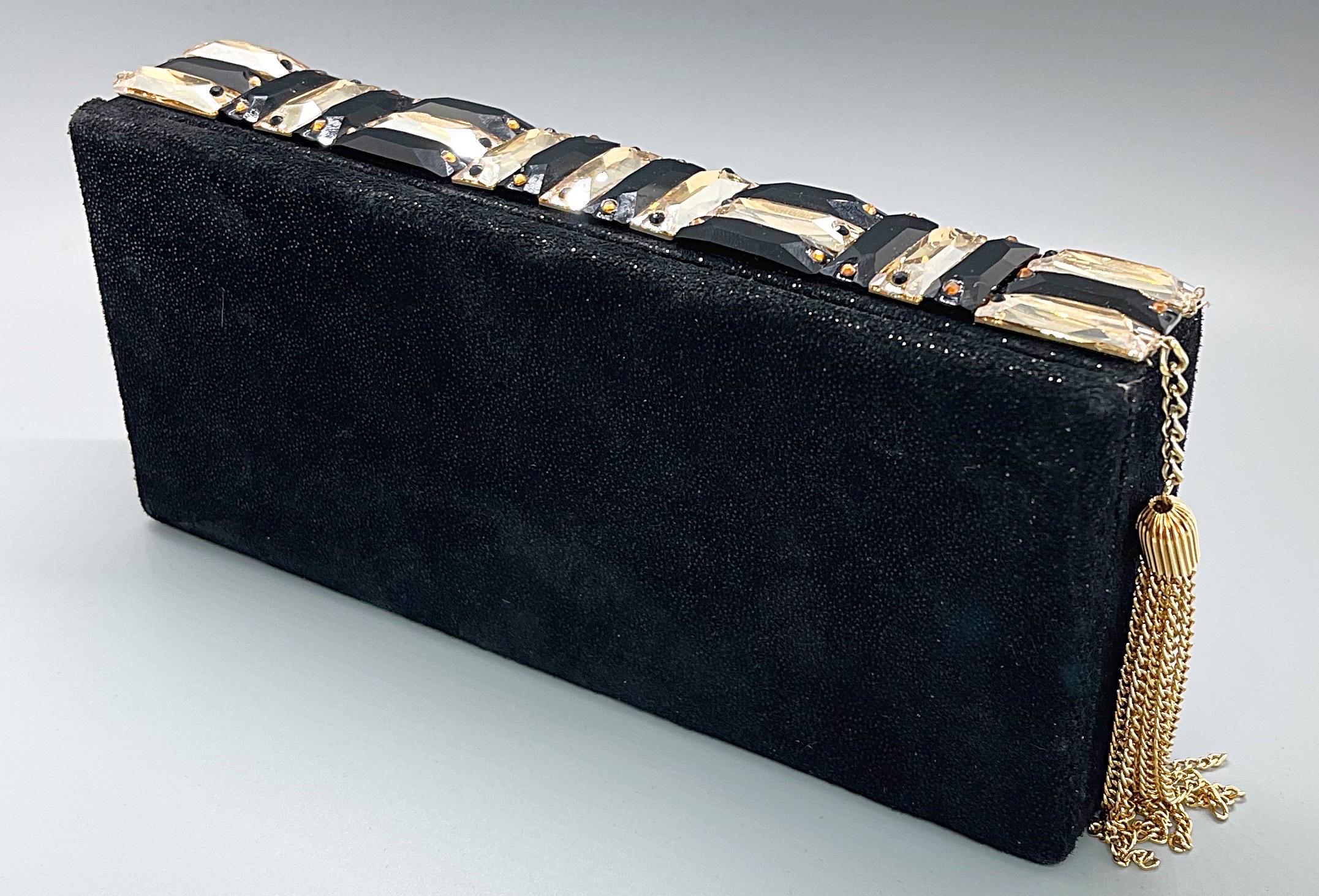 Michelle Monroe Stingray Embossed Black + Gold Jeweled Tassel Clutch Minaudière For Sale 3