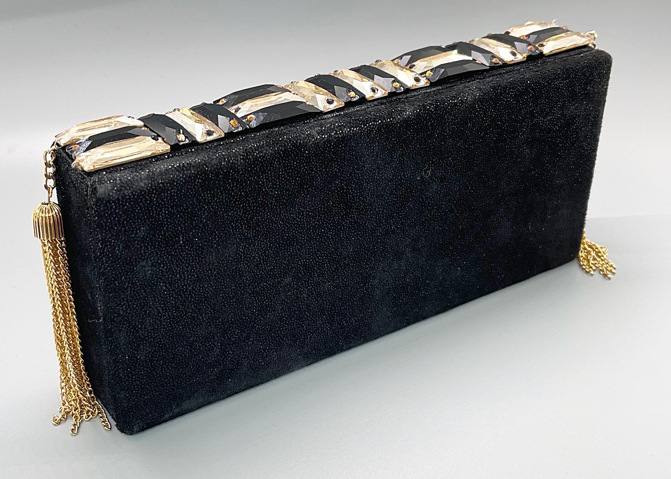 Michelle Monroe Stingray Embossed Black + Gold Jeweled Tassel Clutch Minaudière For Sale 4