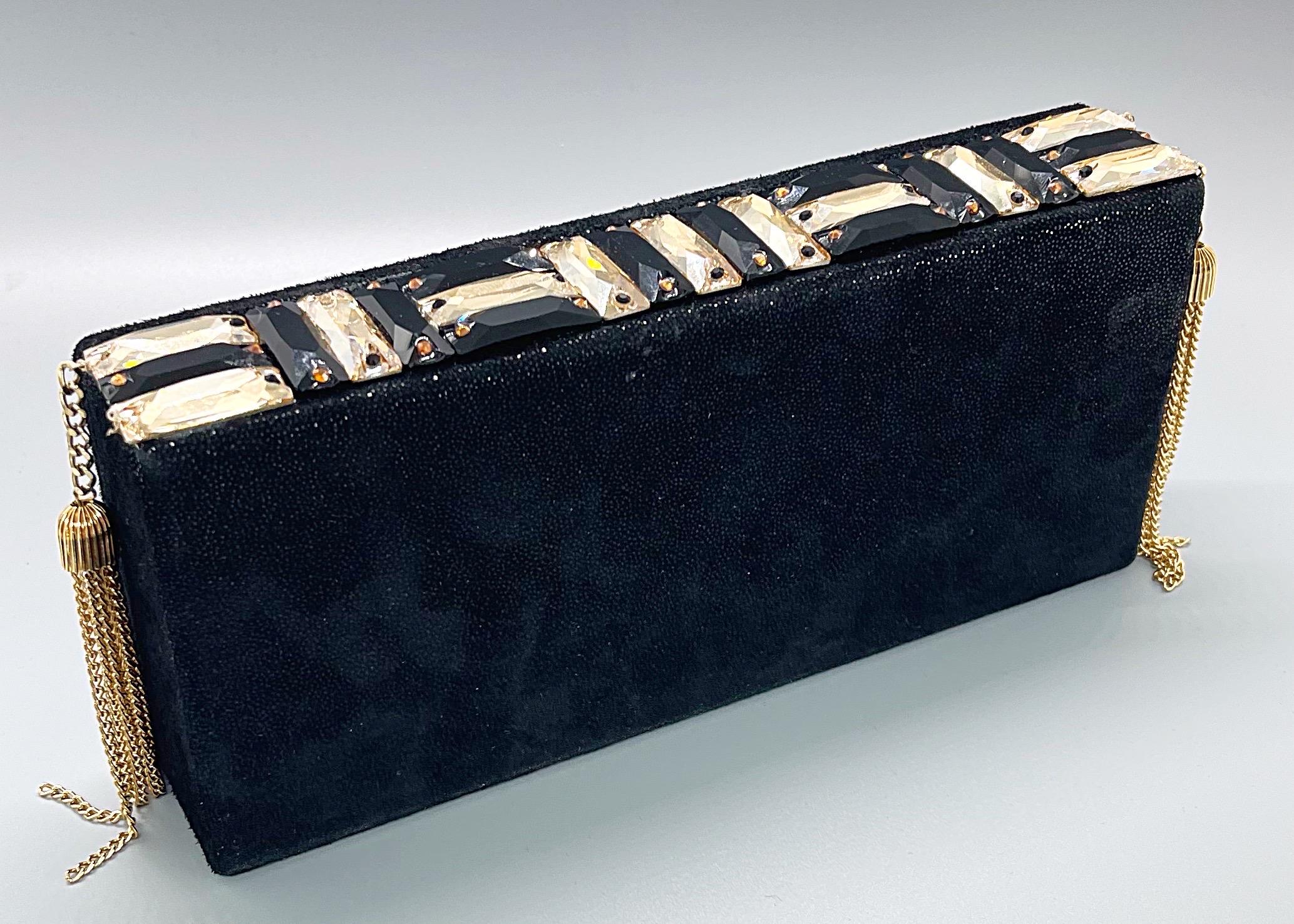 Michelle Monroe Stingray Embossed Black + Gold Jeweled Tassel Clutch Minaudière For Sale 5