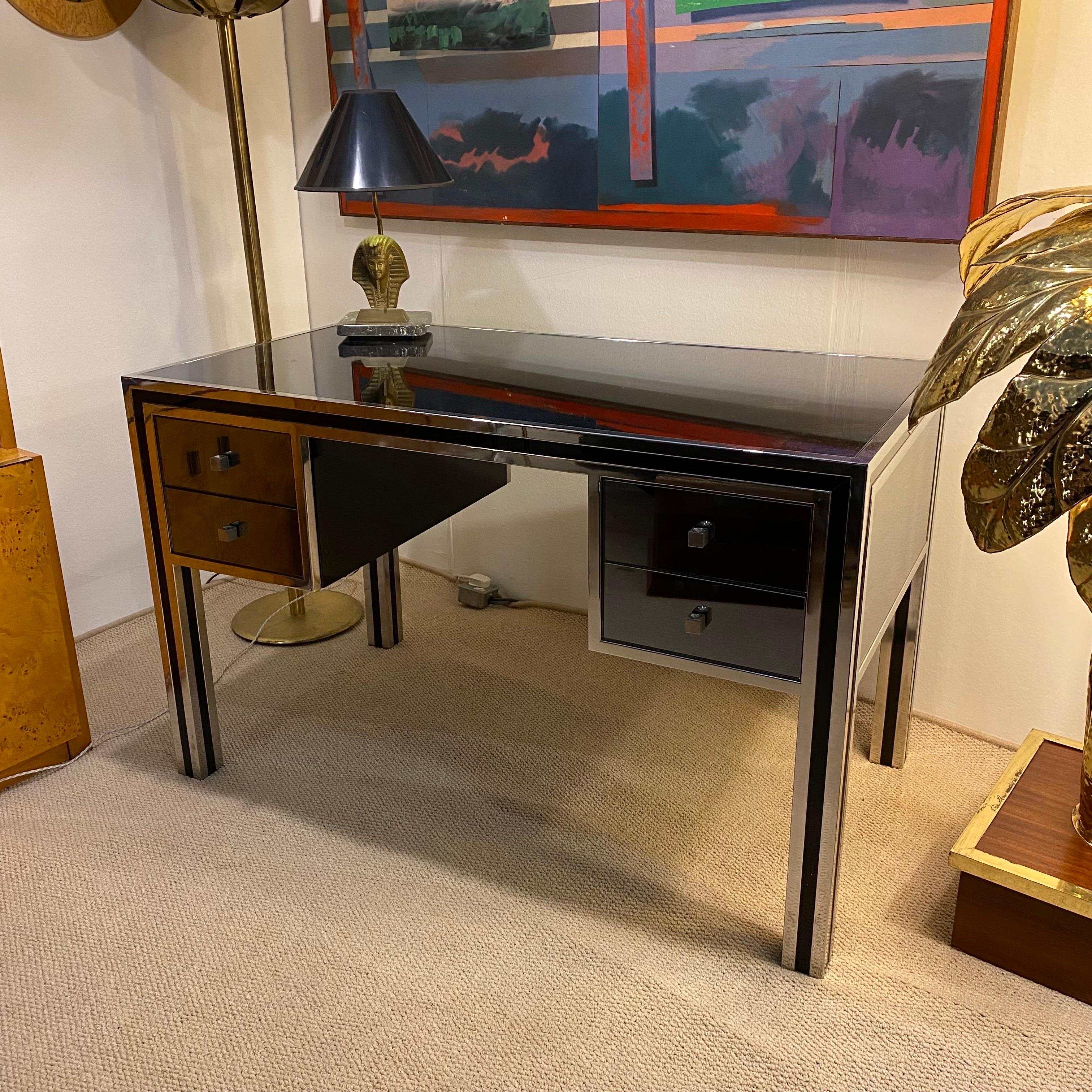 Michelle Pigneres 1970s Desk Chrome Smoked Mirrored Table Art Deco Style office  For Sale 4