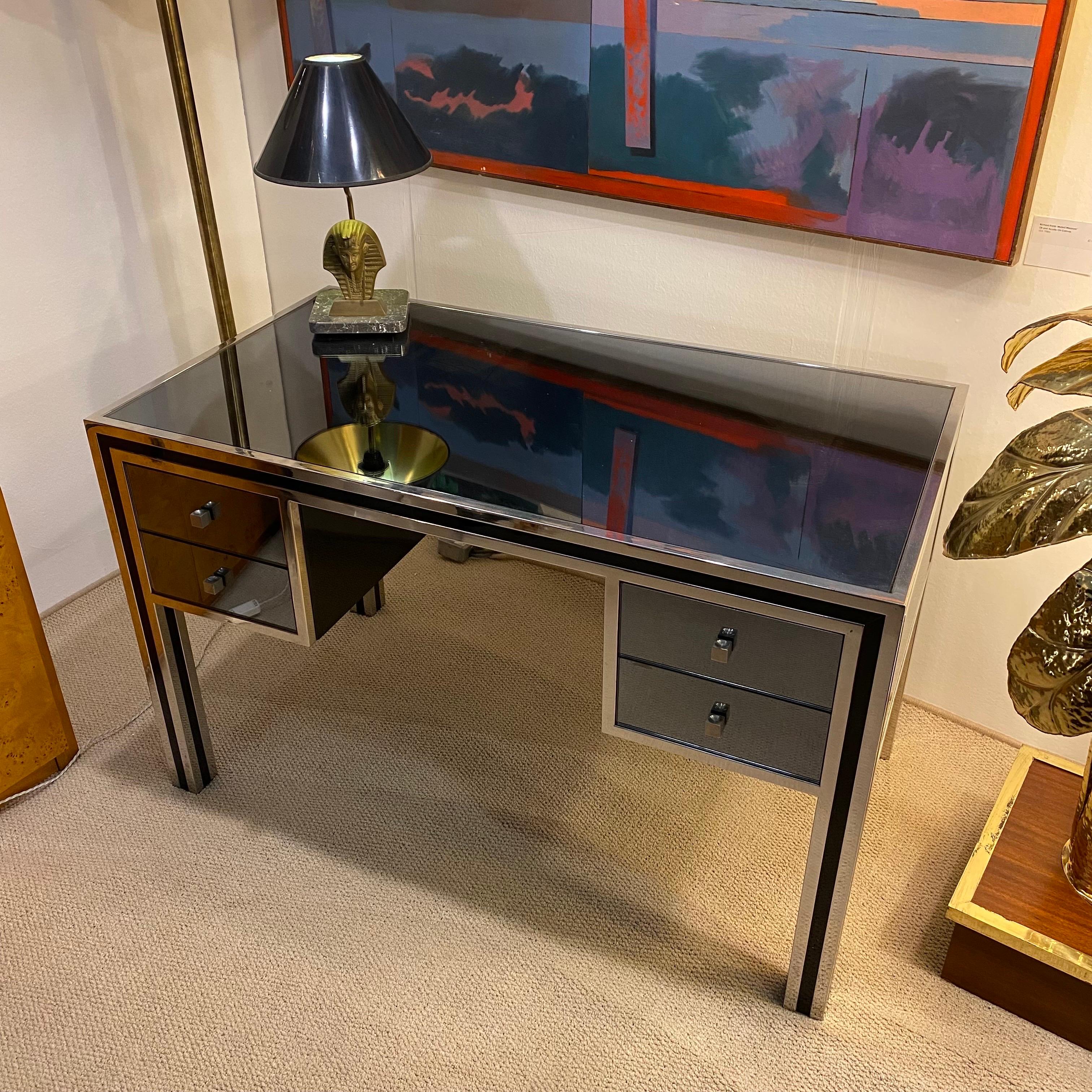 Michelle Pigneres 1970s Desk Chrome Smoked Mirrored Table Art Deco Style office  For Sale 5
