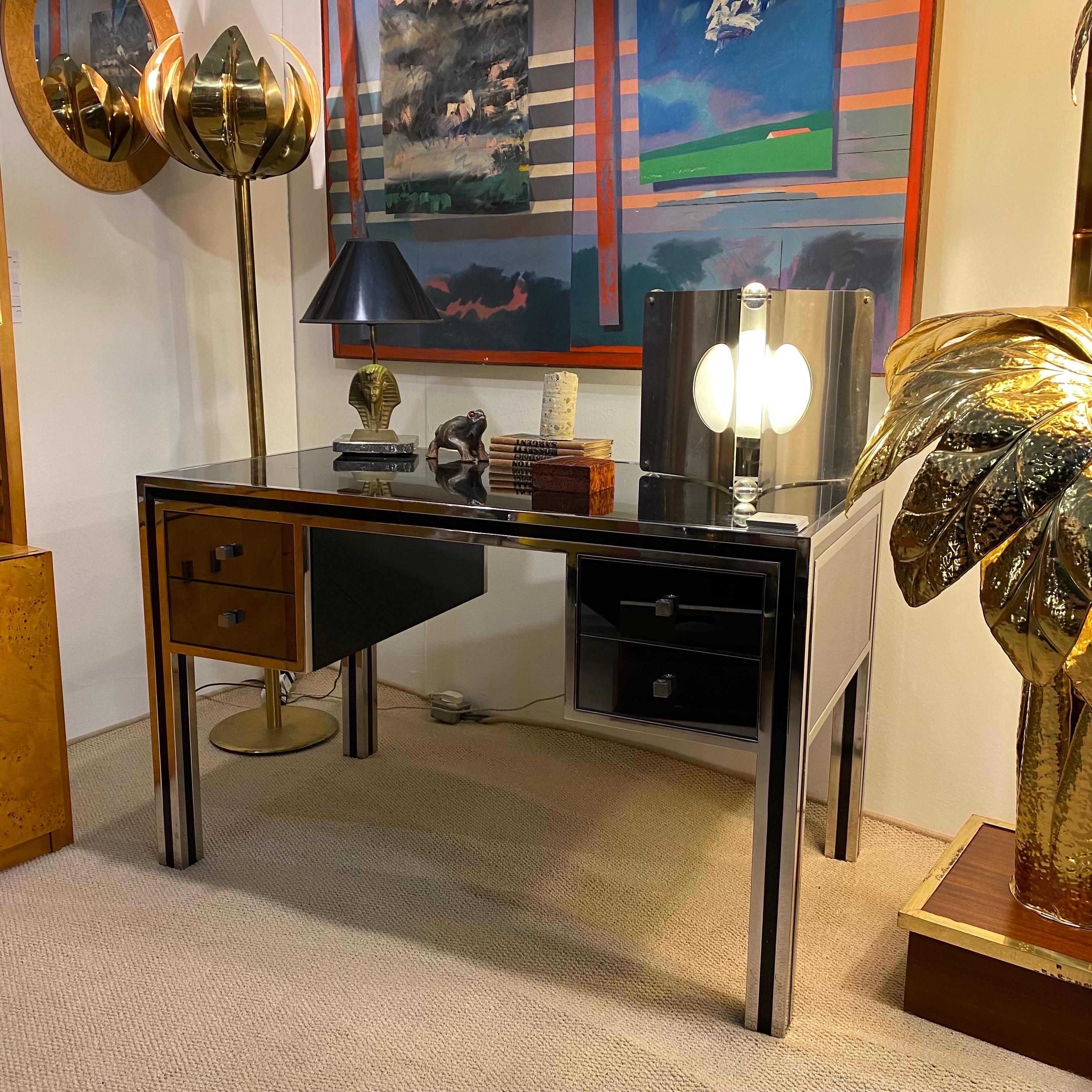 Michelle Pigneres 1970s Desk Chrome Smoked Mirrored Table Art Deco Style office  For Sale 6