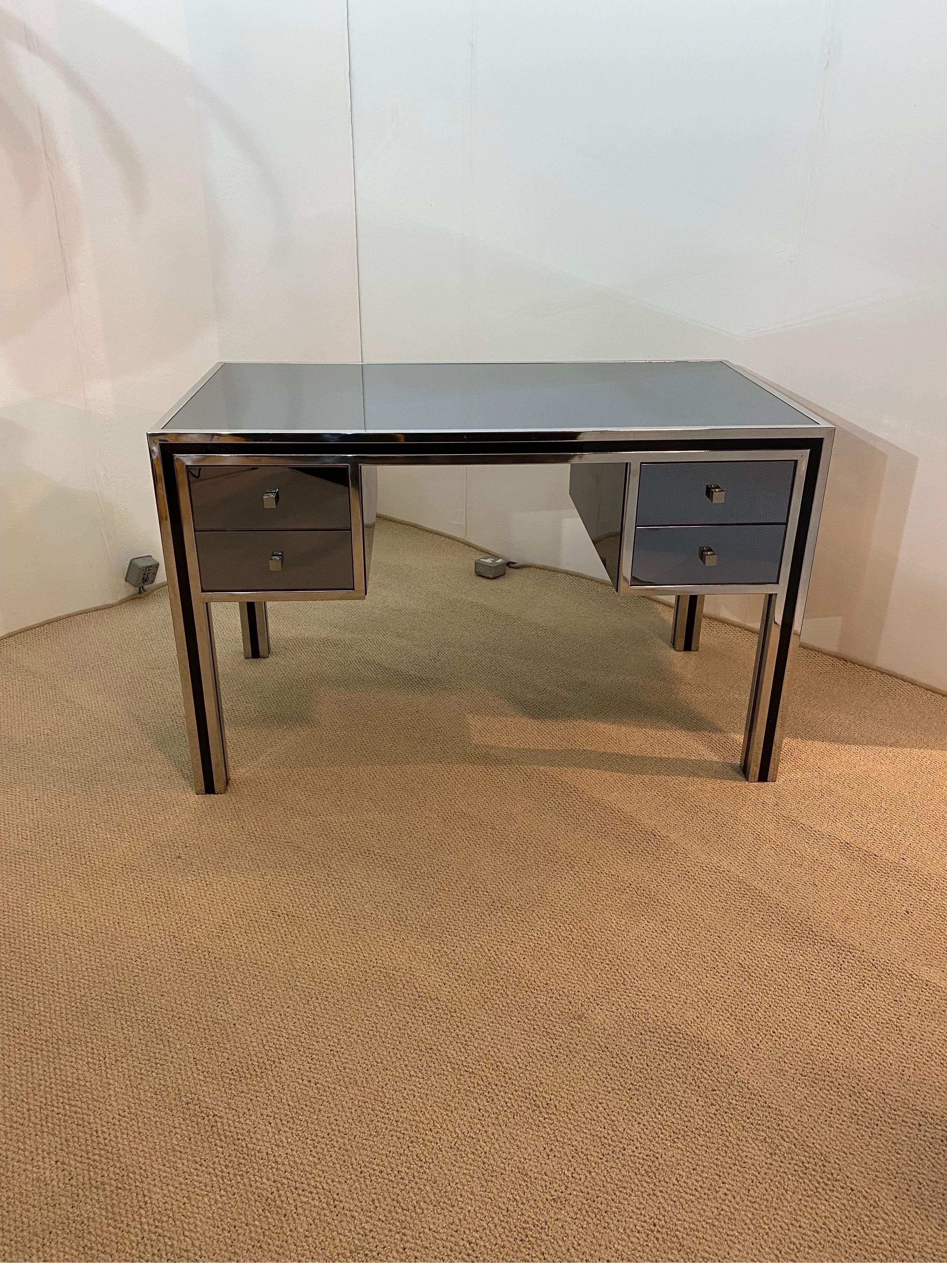 French Michelle Pigneres 1970s Desk Chrome Smoked Mirrored Table Art Deco Style office  For Sale