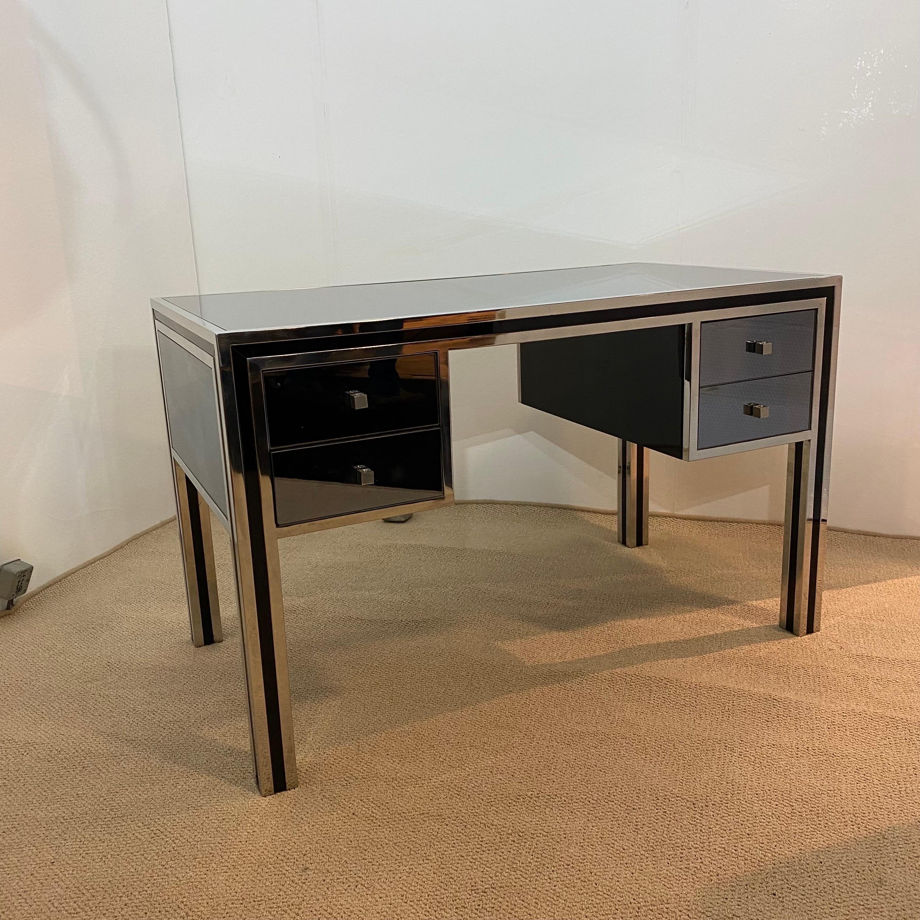 Michelle Pigneres 1970s Desk Chrome Smoked Mirrored Table Art Deco Style office  In Good Condition For Sale In London, GB