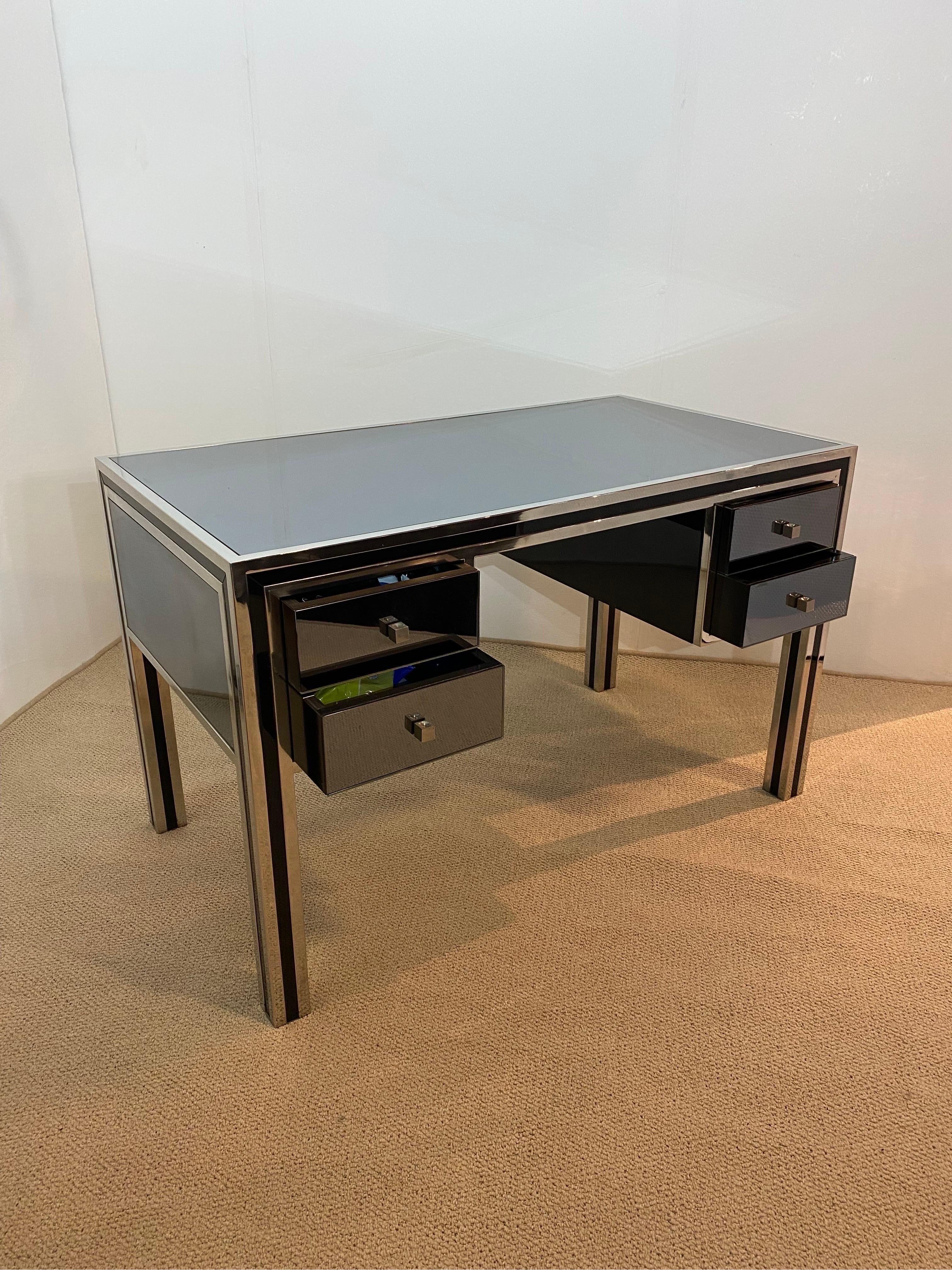 Late 20th Century Michelle Pigneres 1970s Desk Chrome Smoked Mirrored Table Art Deco Style office  For Sale