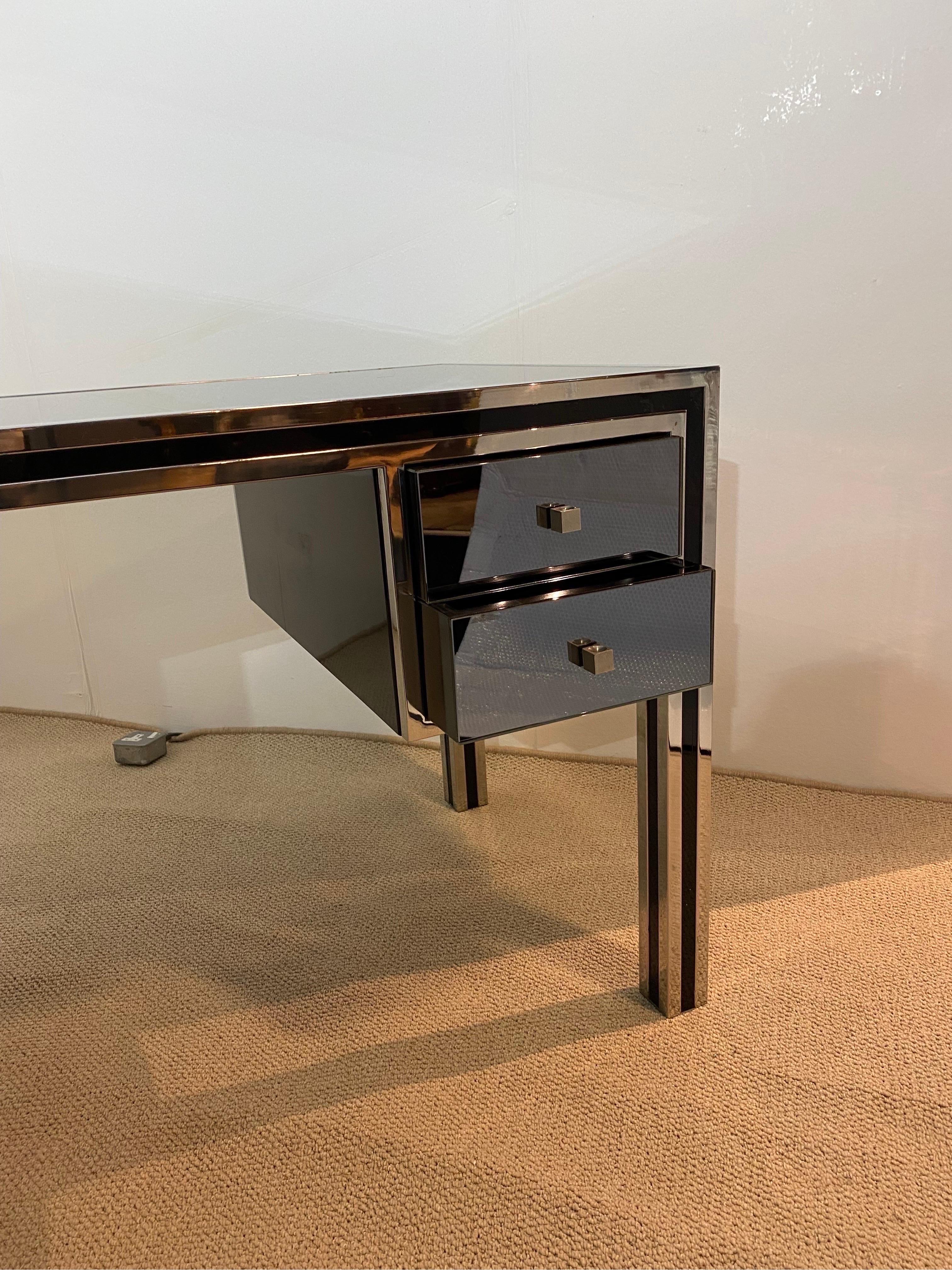 Glass Michelle Pigneres 1970s Desk Chrome Smoked Mirrored Table Art Deco Style office  For Sale