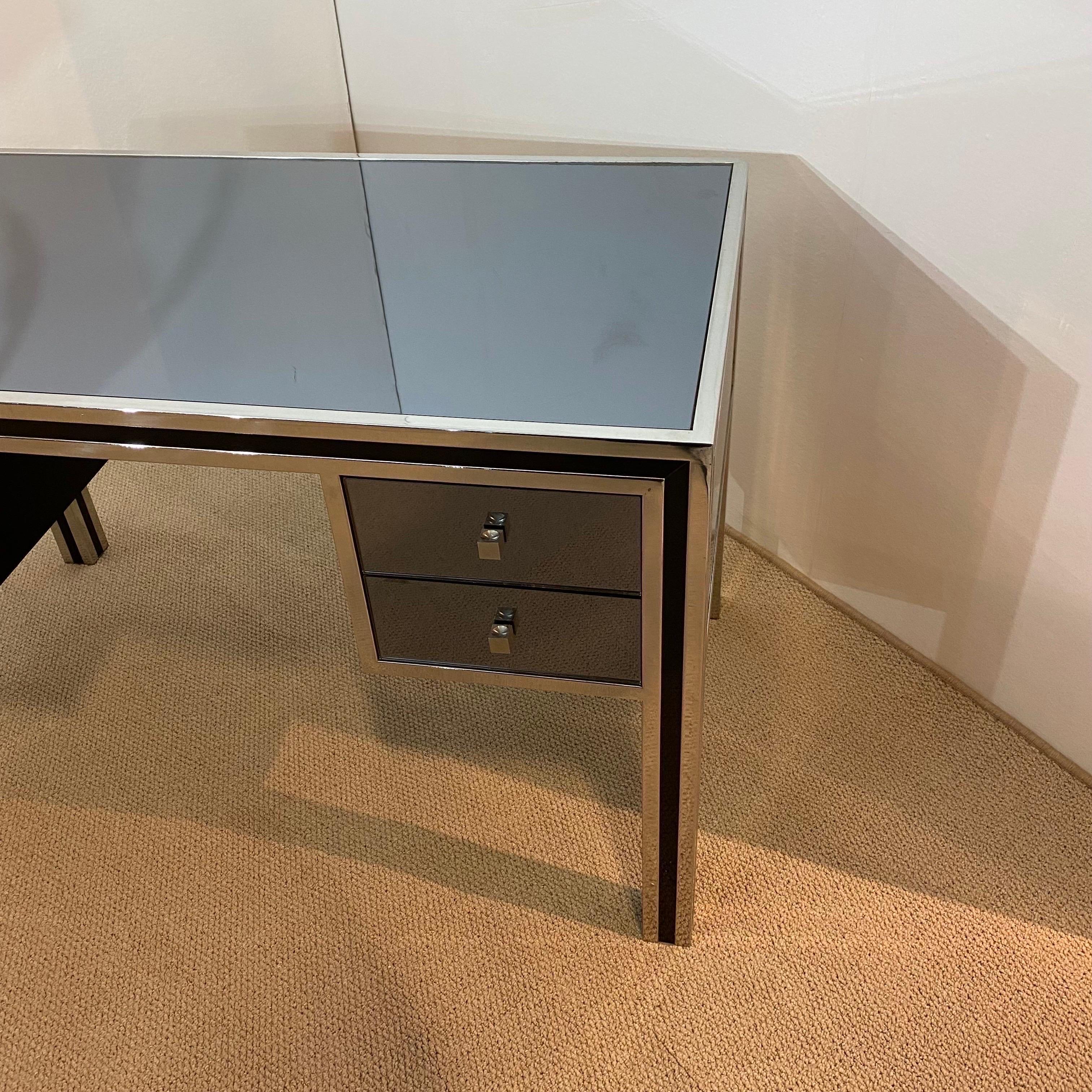 Michelle Pigneres 1970s Desk Chrome Smoked Mirrored Table Art Deco Style office For Sale 1