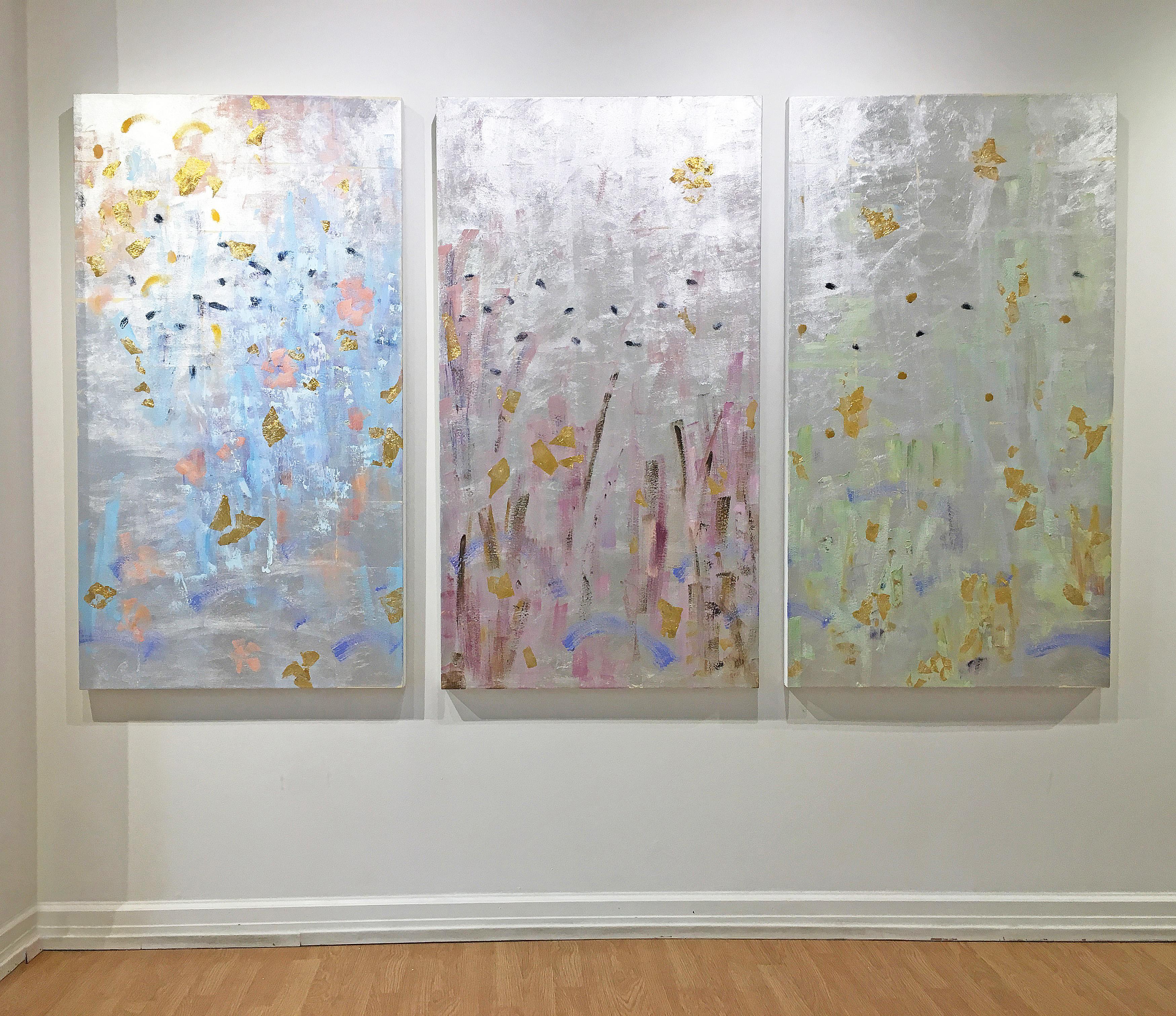 'Synergy I, II, & III' 2016 by Michelle Sakhai. Oil and metal leaf on canvas (triptych), 55 x 90 in. A dramatic dimensional, abstract painting with rich, fine materials. This triptych features a reflective silver leaf background, textured paint, and