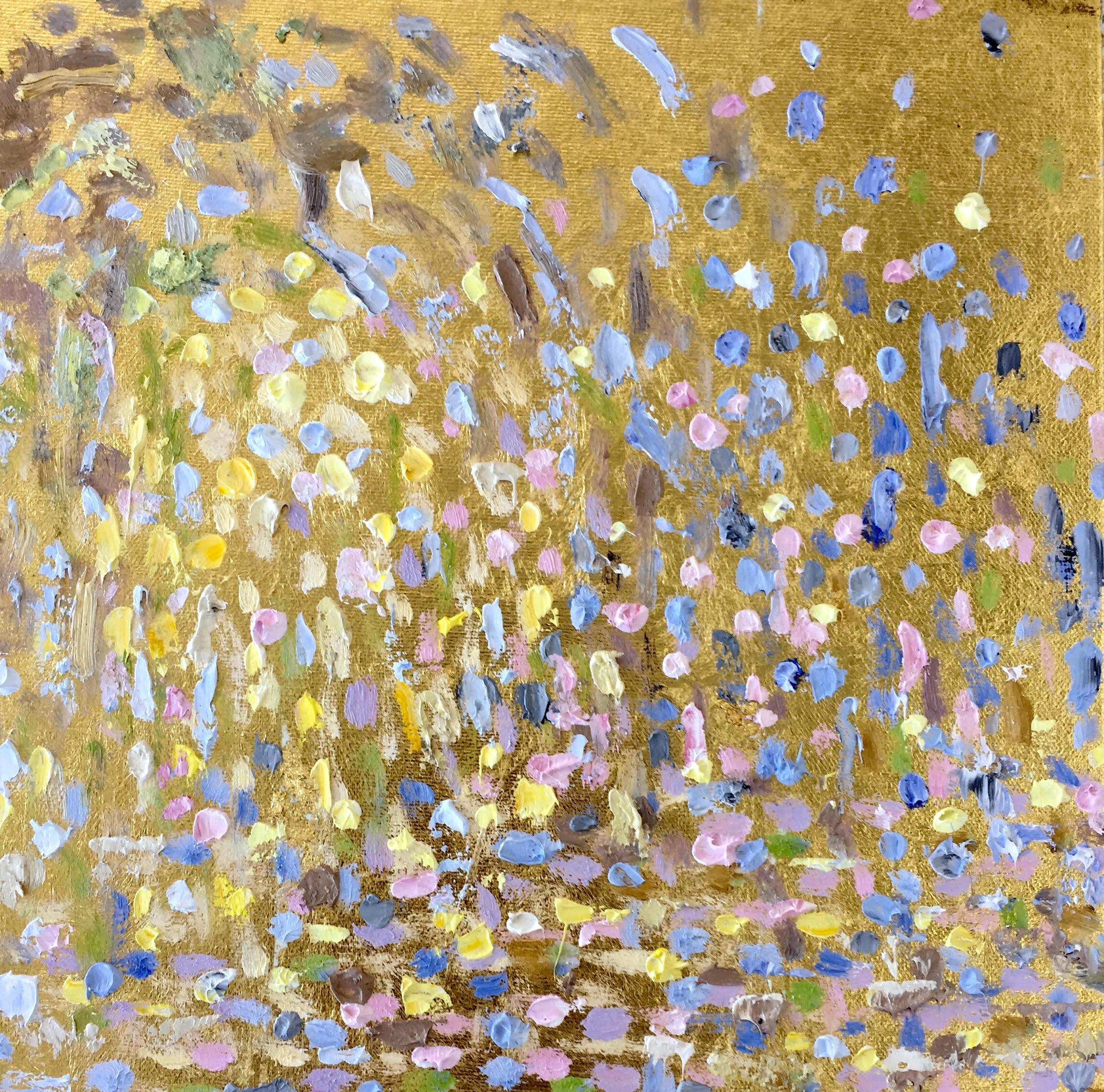 'Arrival' 2016 by Michelle Sakhai. Oil and metal leaf on canvas, 12 x 12 in. An abstract painting with reflective textured paint on a striking gold leaf background. A dramatic dimensional painting with colors in yellow, lavender, pink, green, blue,
