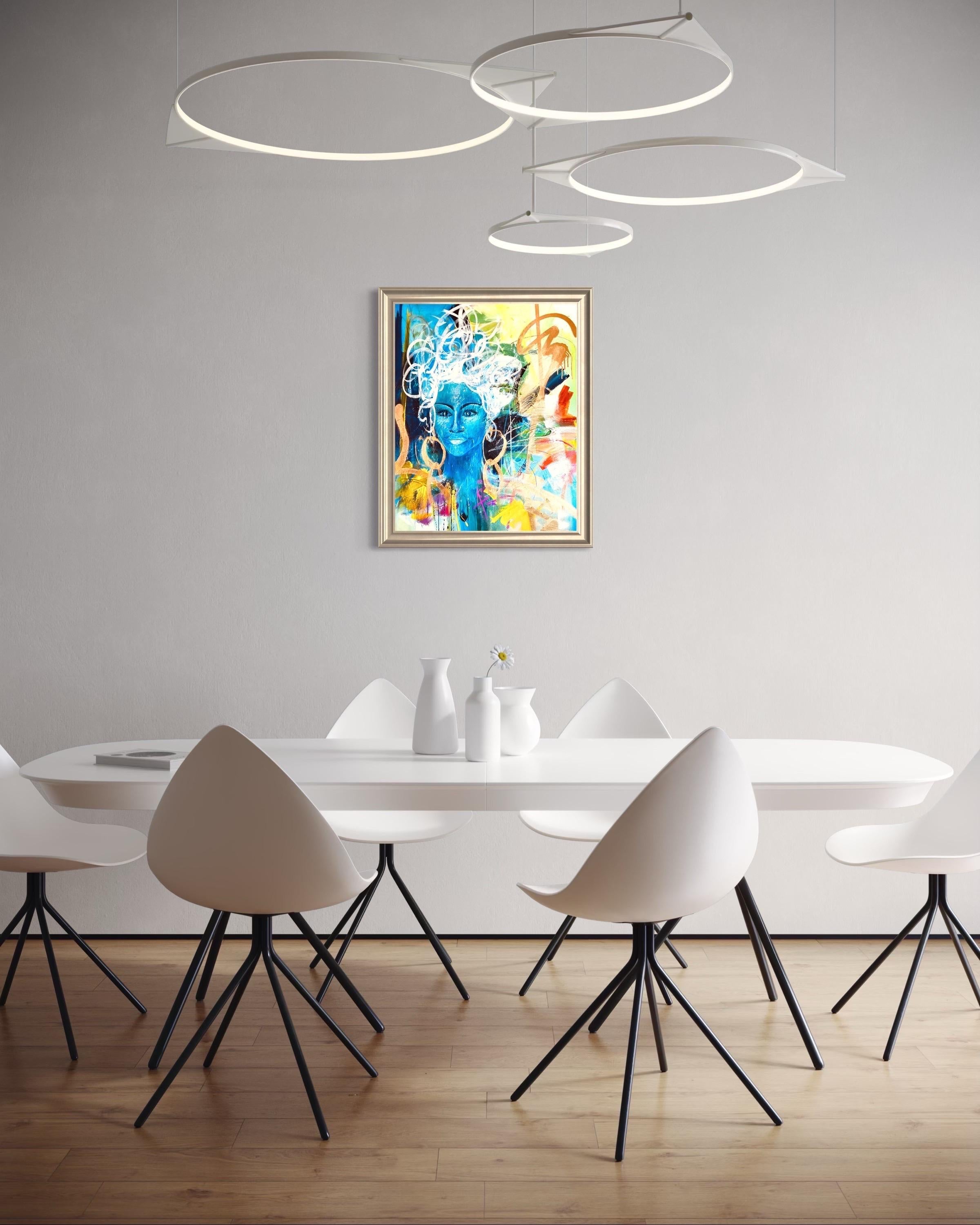 Black & Blu - richement texturé, bleu, vert, or, figuratif, femme, noir, gras en vente 10