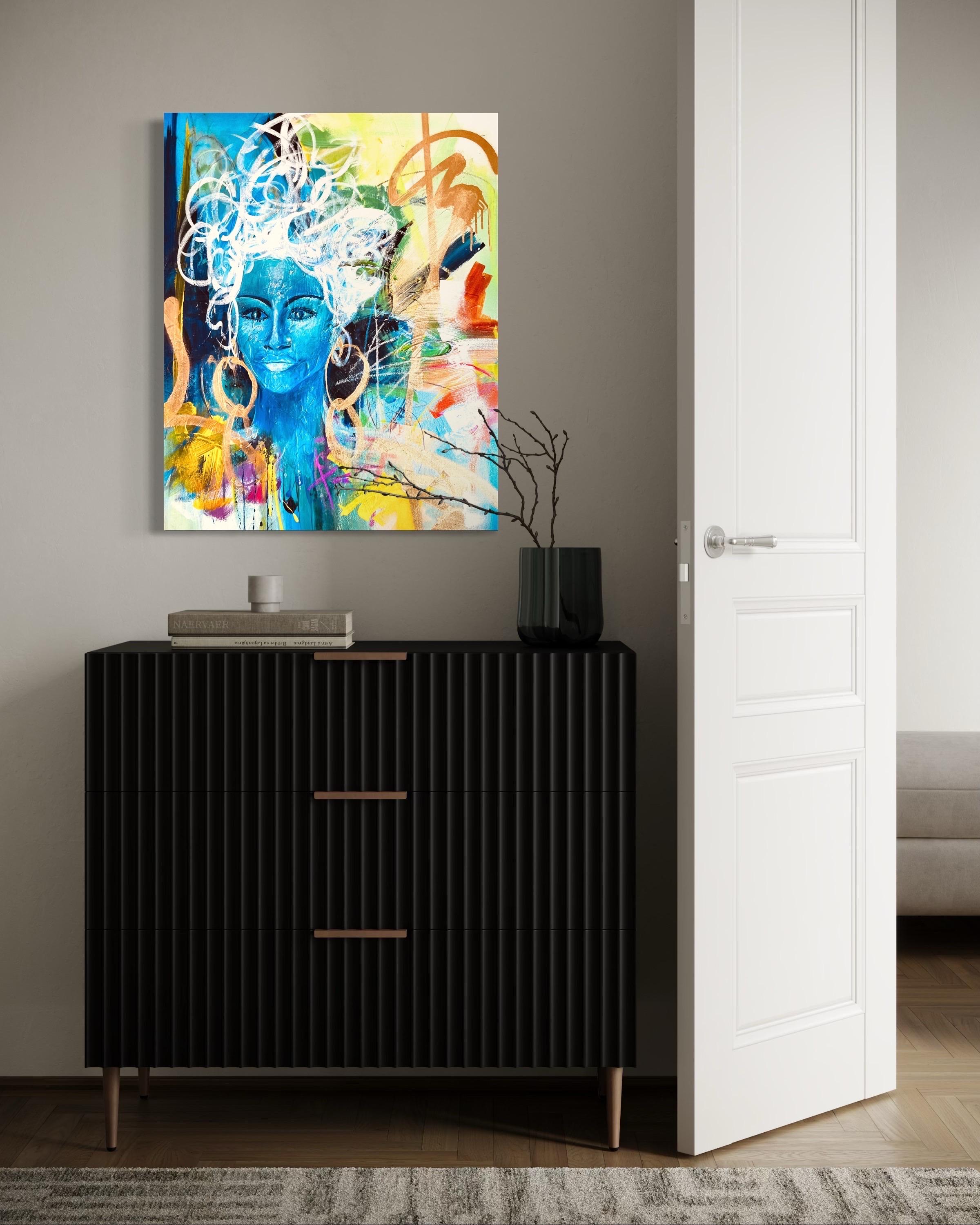 Black & Blu - richement texturé, bleu, vert, or, figuratif, femme, noir, gras en vente 11