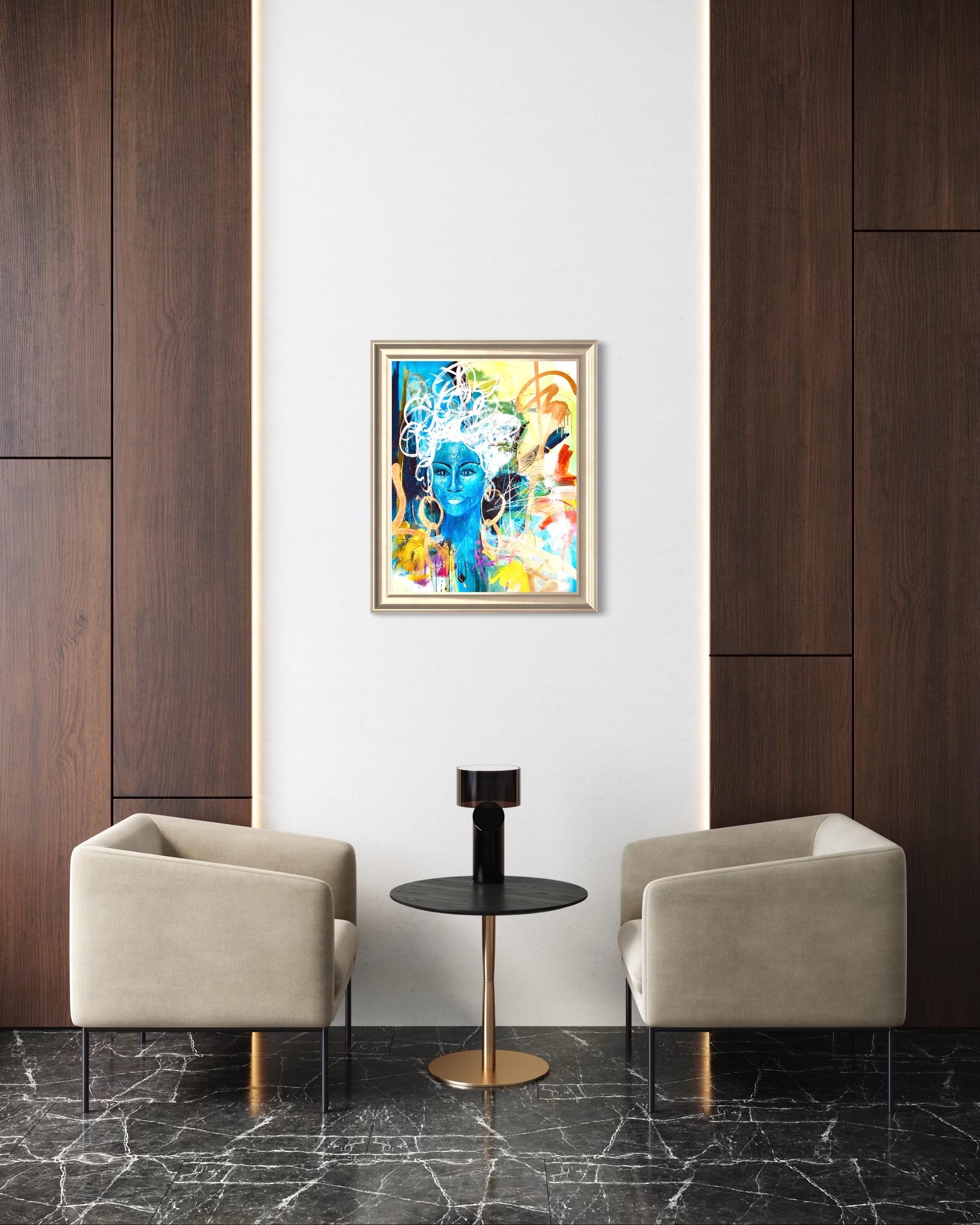 Black & Blu - richement texturé, bleu, vert, or, figuratif, femme, noir, gras en vente 13