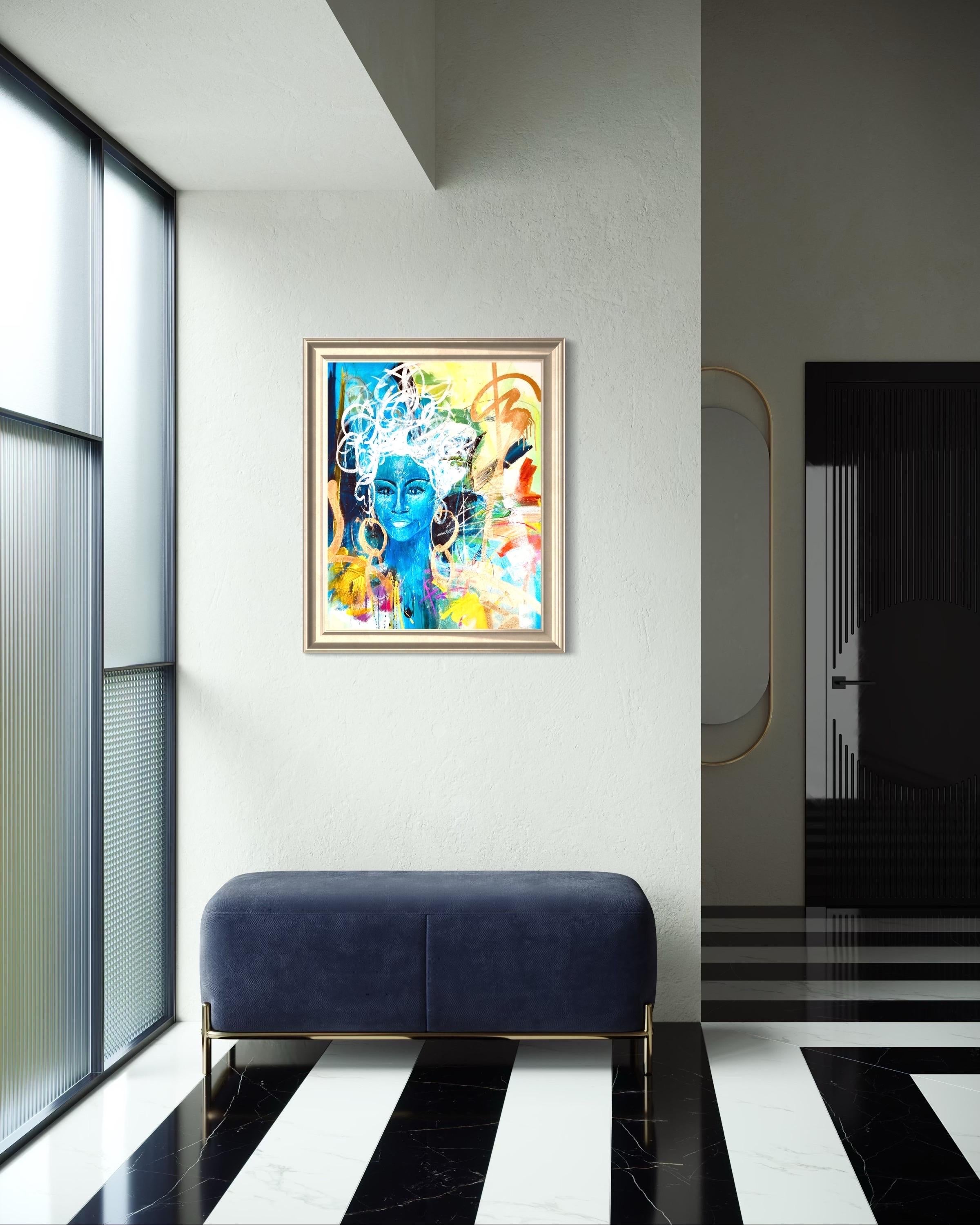 Black & Blu - richement texturé, bleu, vert, or, figuratif, femme, noir, gras en vente 14