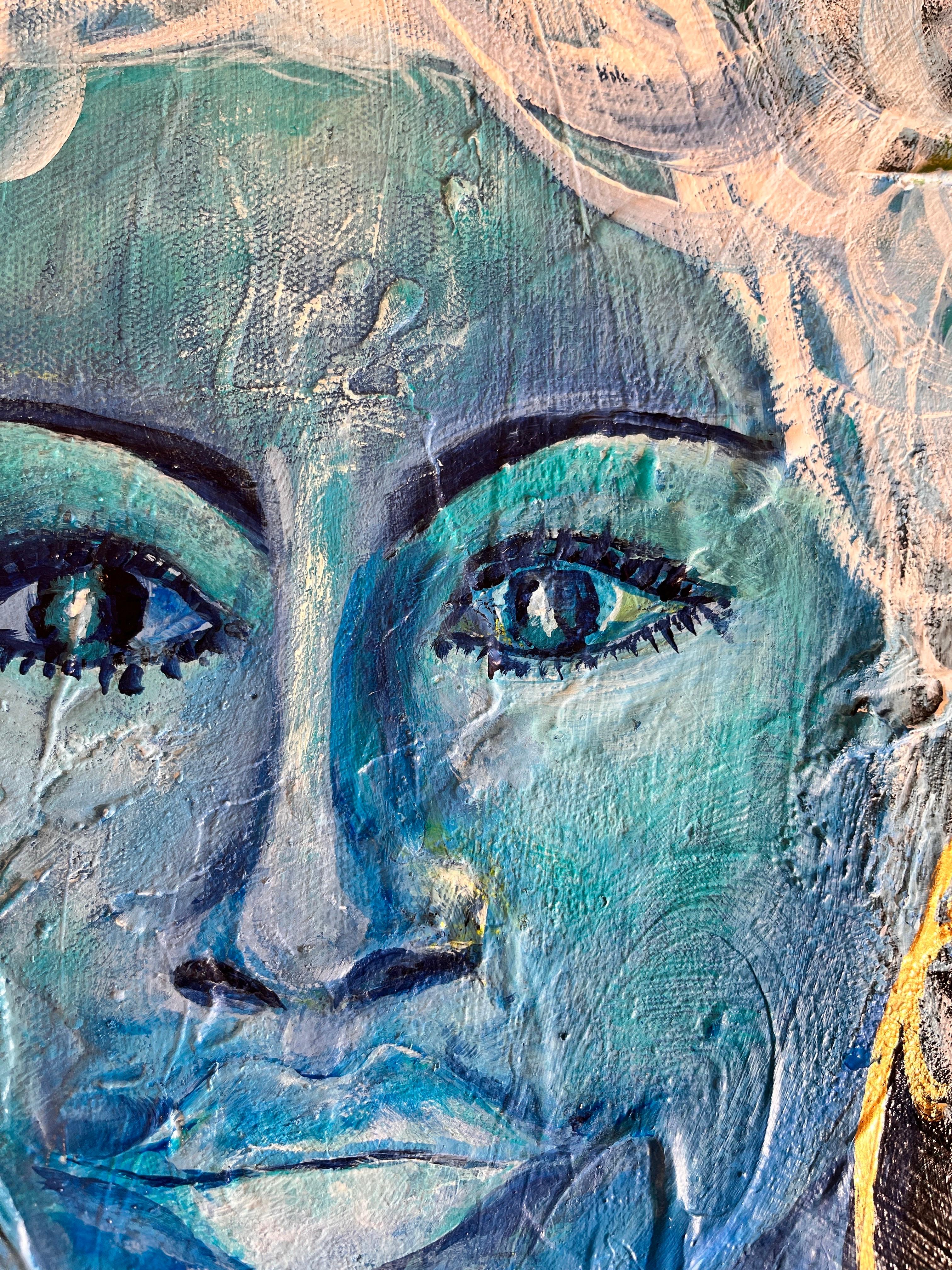 Black & Blu - richement texturé, bleu, vert, or, figuratif, femme, noir, gras en vente 2