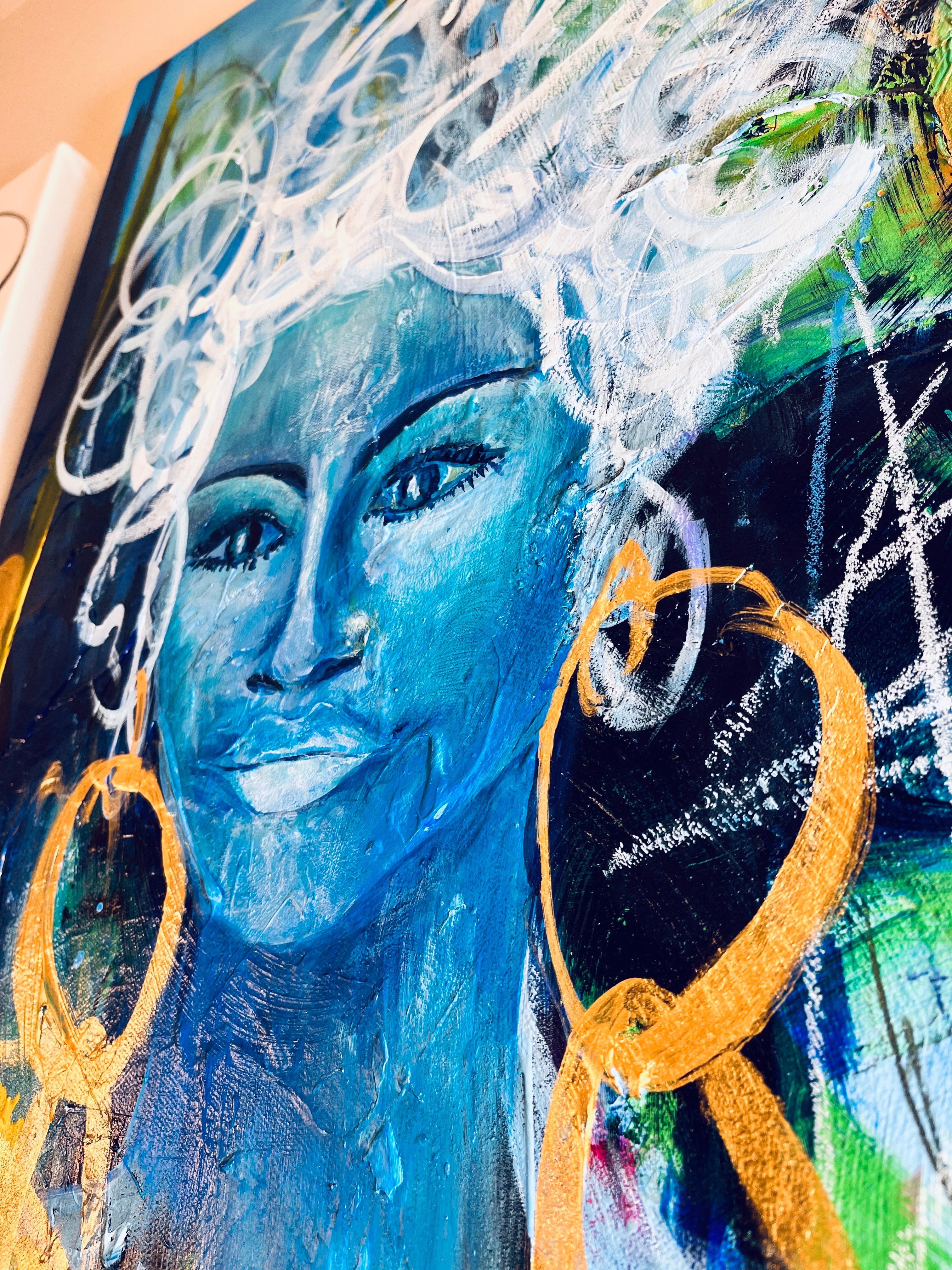 Black & Blu - richement texturé, bleu, vert, or, figuratif, femme, noir, gras - Beige Interior Painting par Michelle Thomas Artist