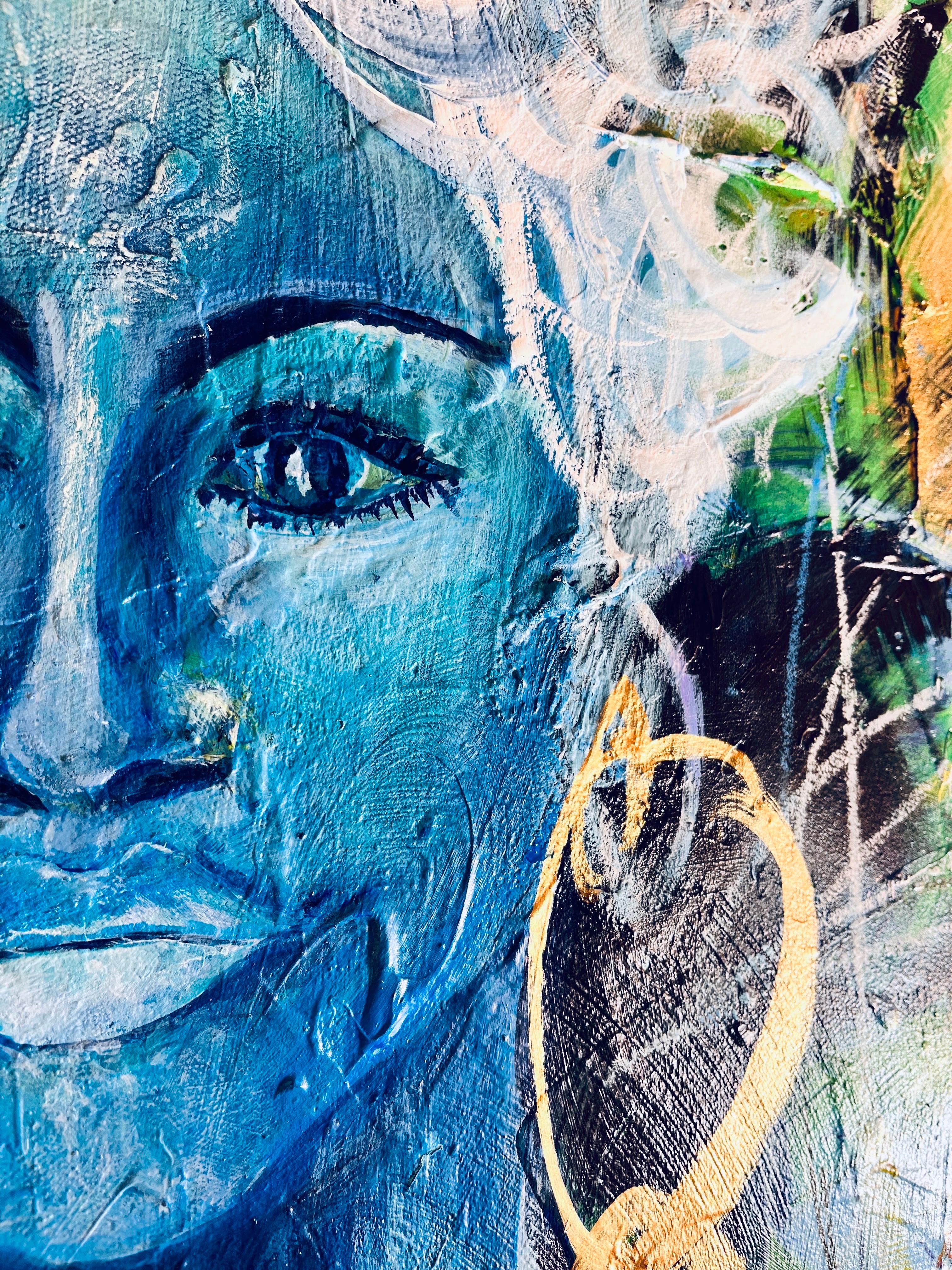 Black & Blu - richement texturé, bleu, vert, or, figuratif, femme, noir, gras en vente 4