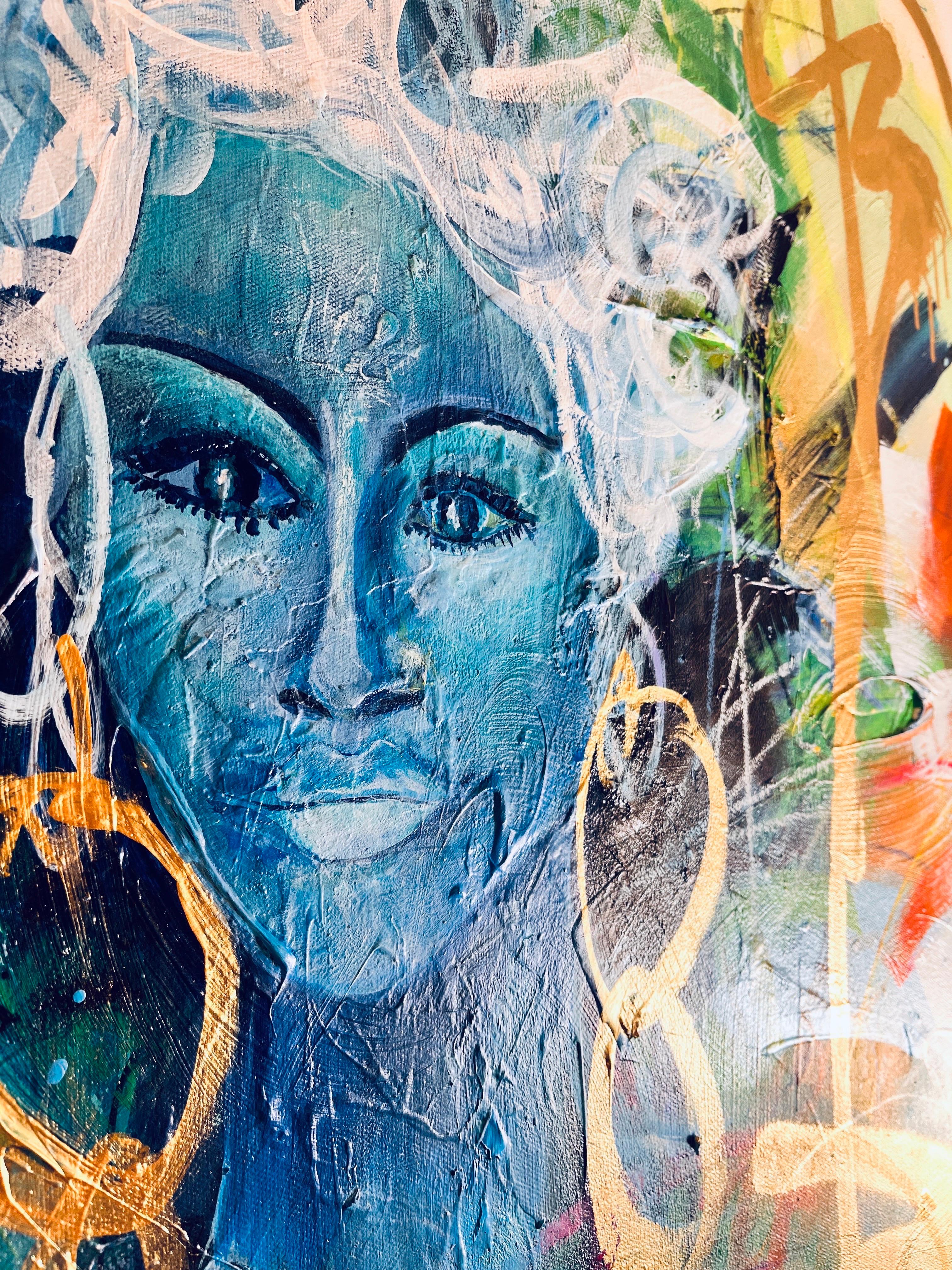 Black & Blu - richement texturé, bleu, vert, or, figuratif, femme, noir, gras en vente 15