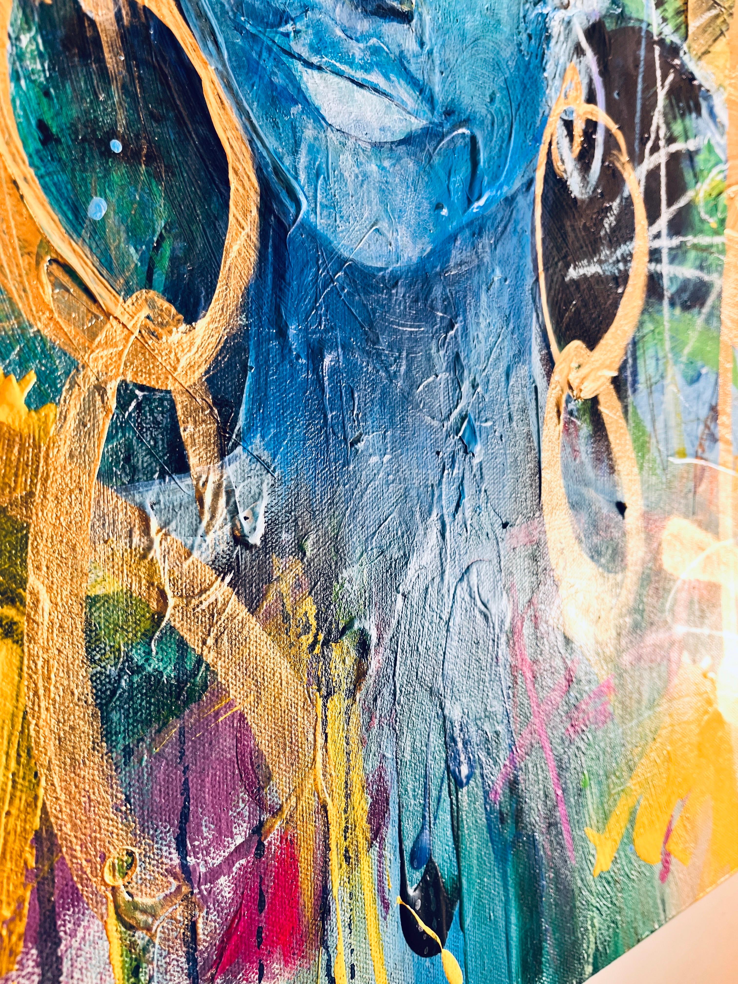 Black & Blu - richement texturé, bleu, vert, or, figuratif, femme, noir, gras en vente 6