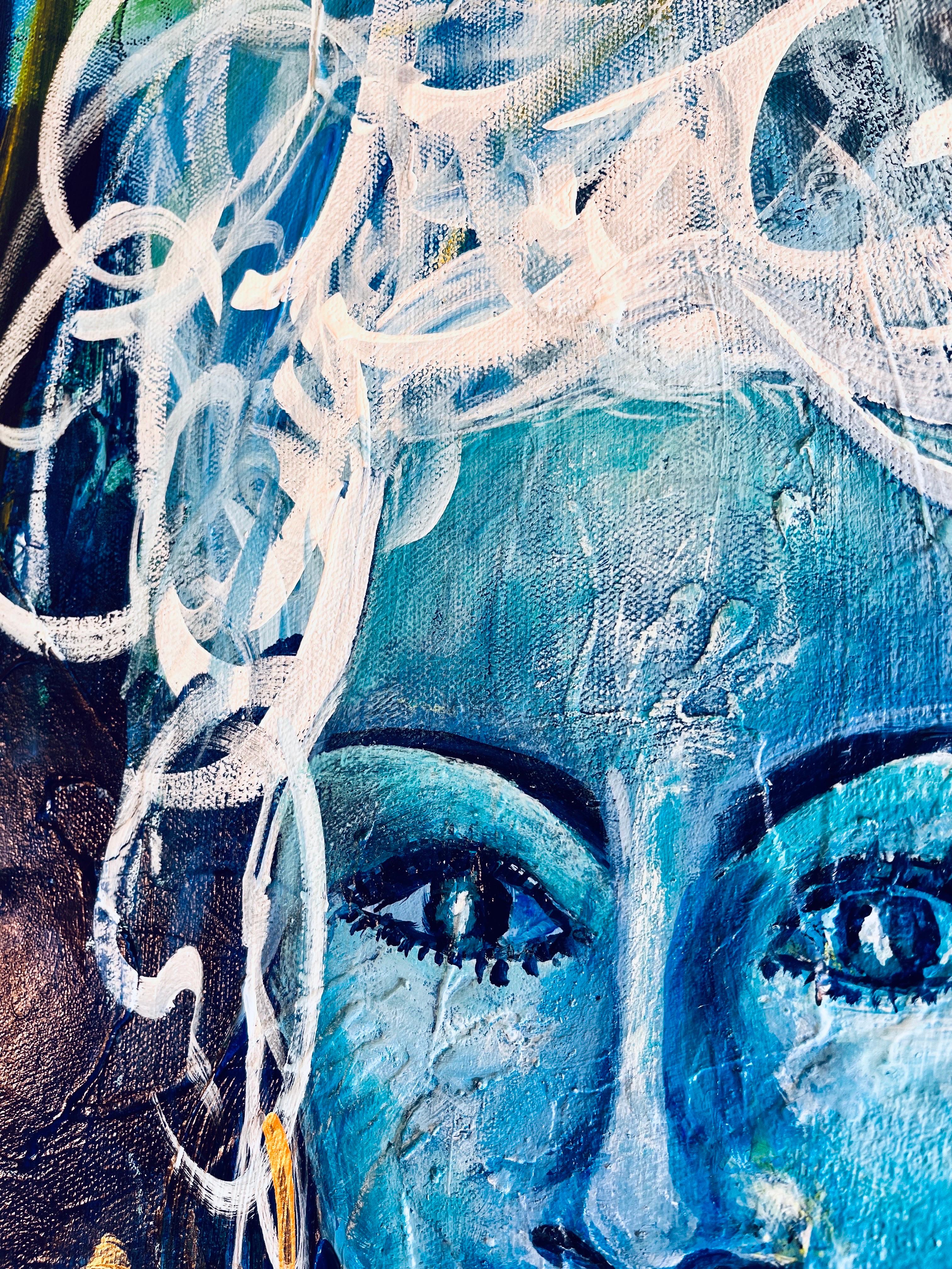 Black & Blu - richement texturé, bleu, vert, or, figuratif, femme, noir, gras en vente 12